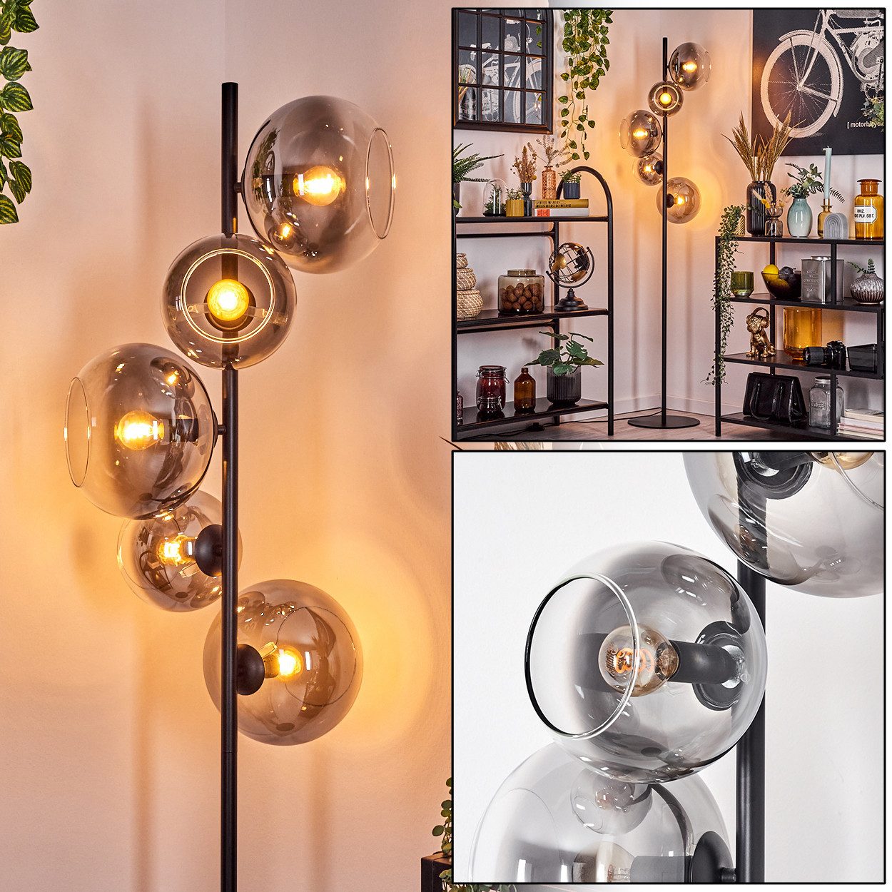 Stehlampe Stehlampe aus Metall/Glas in Schwarz/Rauchfarben/Klar mit Fußschalter