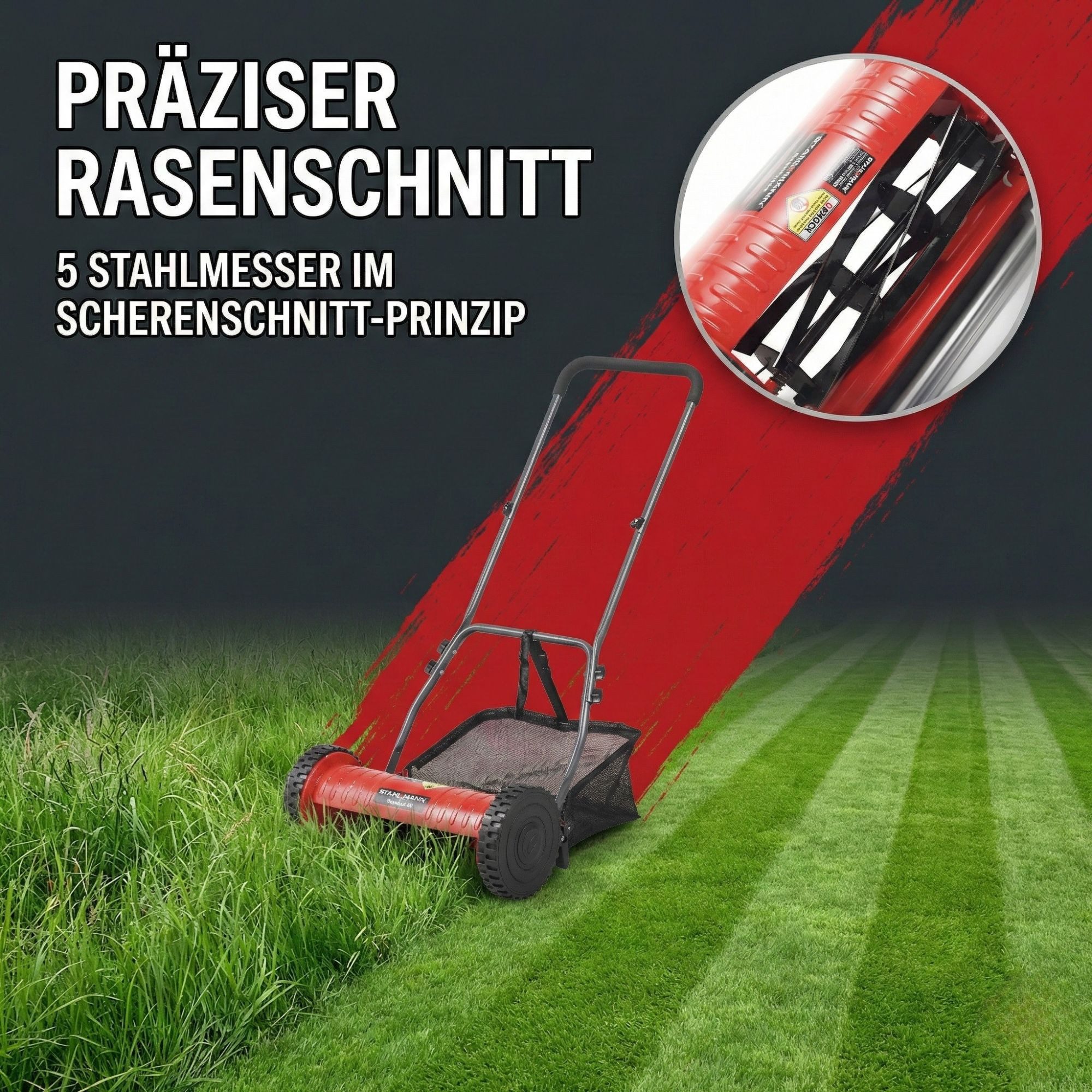 Stahlmann Benzinrasenmäher Spindelmäher RoyalCut – Rasenmäher mit 30 cm Schnittbreite, 30 cm Schnittbreite, (Handrasenmäher manuell), 27 Liter Fangkorb, 4-stufige Schnitthöheneinstellung