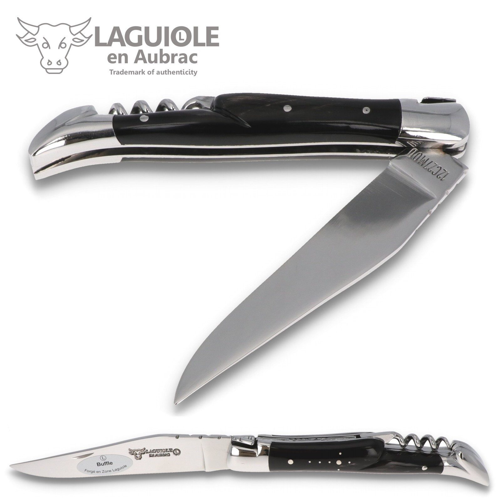 Laguiole en Aubrac Taschenmesser L0311BUIS, Griff 11cm Büffelhorn - Korkenzieher - Feder verziert - Stahl glänzend