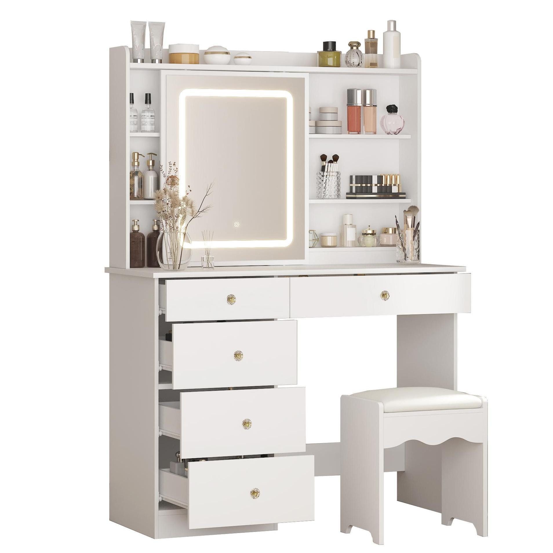 FUFU&GAGA Schminktisch mit 5 Schubladen, mit Beleuchtung in 3 Farben,100 x 140 x 40 cm, MDF