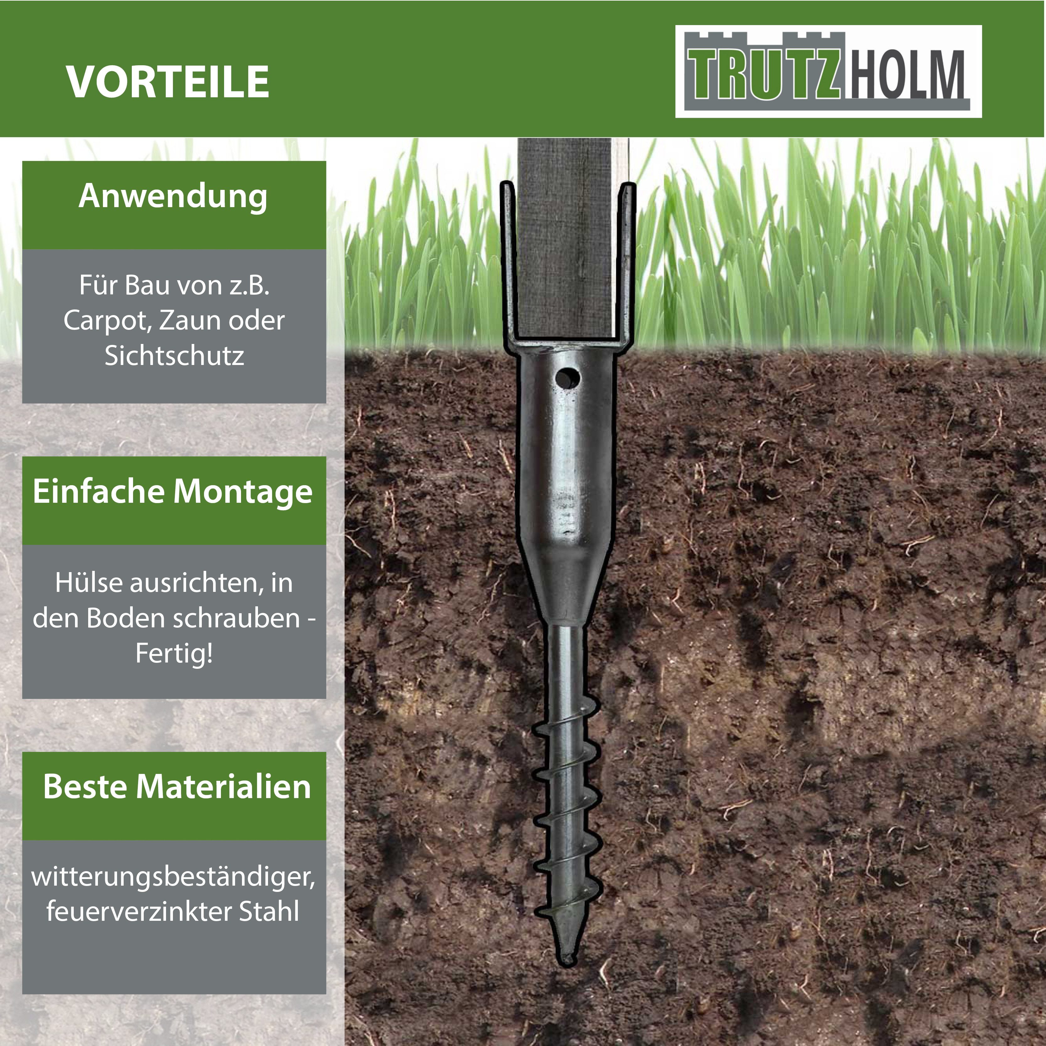 TRUTZHOLM Einschraub-Bodenhülse 4x U-Profil Bodenhülse zum Einschrauben 7x7 cm 67,5 cm Länge, für Abmessungen Spitze bis Boden der Lasche (HxBxT): ca. 54x7x7cm - Abmessungen Lasche (LxBxH): ca. 7x7x13,5cm, zum Eindrehen, (Produkt, 1-St), feuerverzinkt für Vierkanthölzer