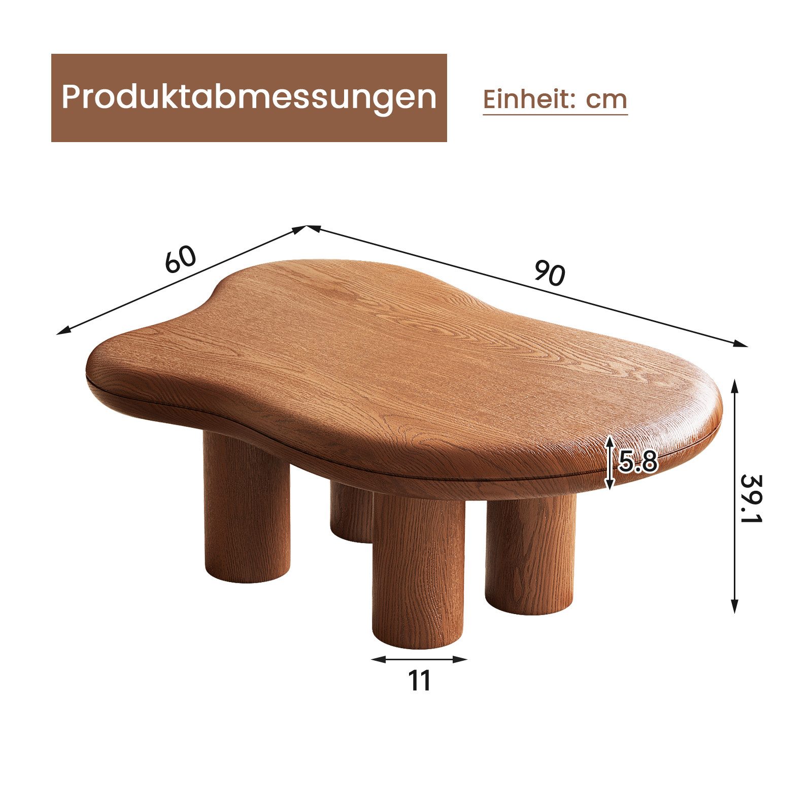 Guyii Couchtisch mit organischer Form, Wohnzimmertisch 90 x 60 x 39,1cm (1-St), Designer Sofatisch mit runden Beinen & abgerundeten Kanten