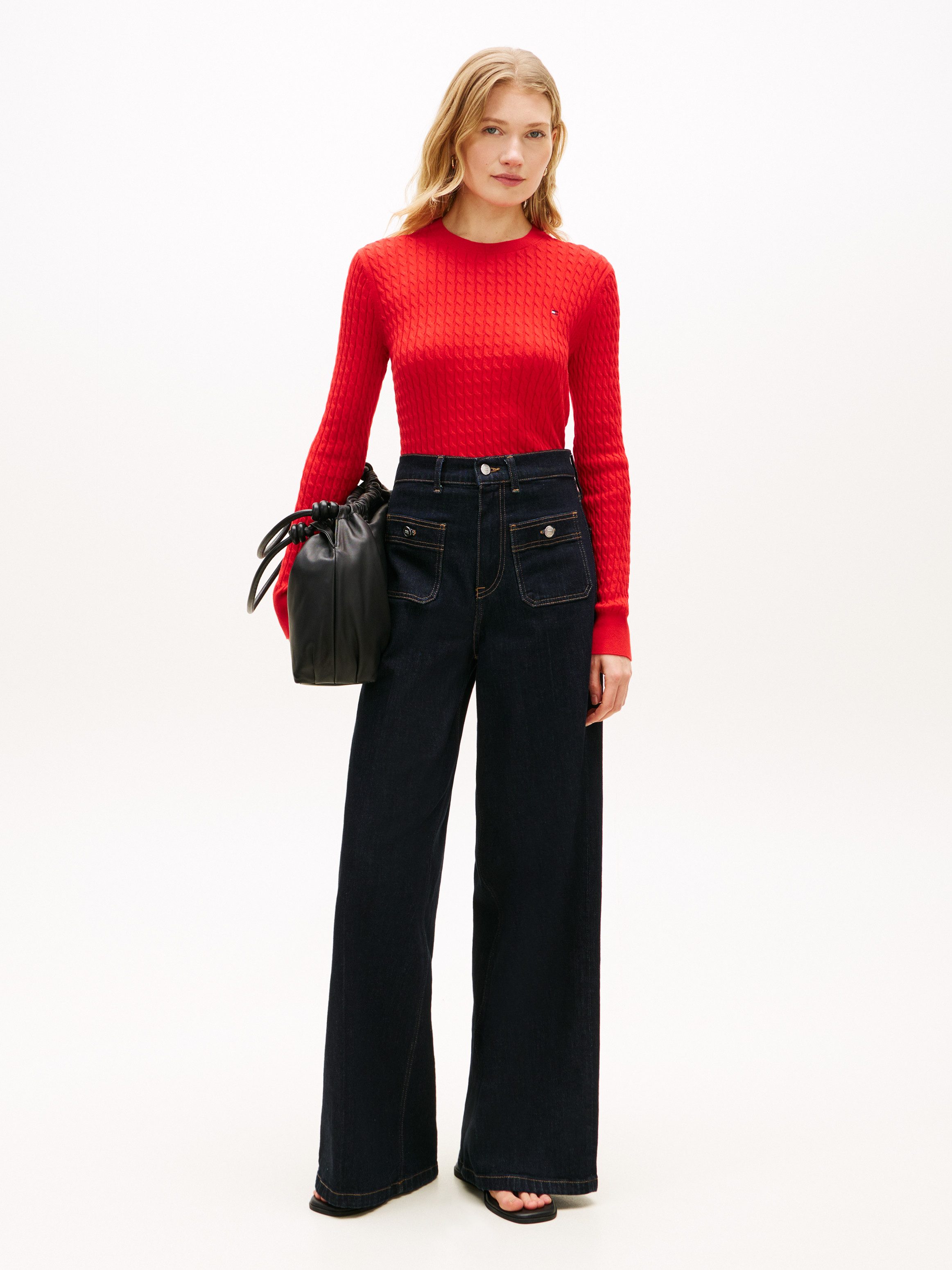 Tommy Hilfiger Rundhalspullover CO CABLE C-NK LS SWEATER Baumwolle, mit Zopfmuster, Regular Fit