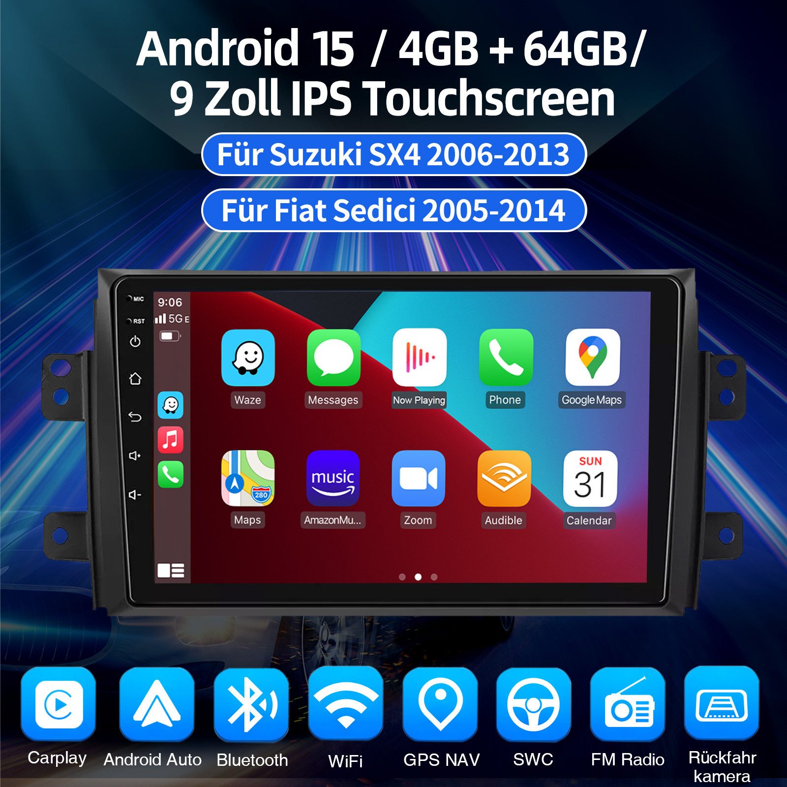 ESSGOO 9'' DAB+ Autoradio Android 15 für Suzuki SX4 2006–13 CarPlay GPS Navi Autoradio (RDS, 4+64GB(optional), FM, AM, DAB+ (optional), Android Auto Apple Carplay,Bluetooth,USB,WIFI)