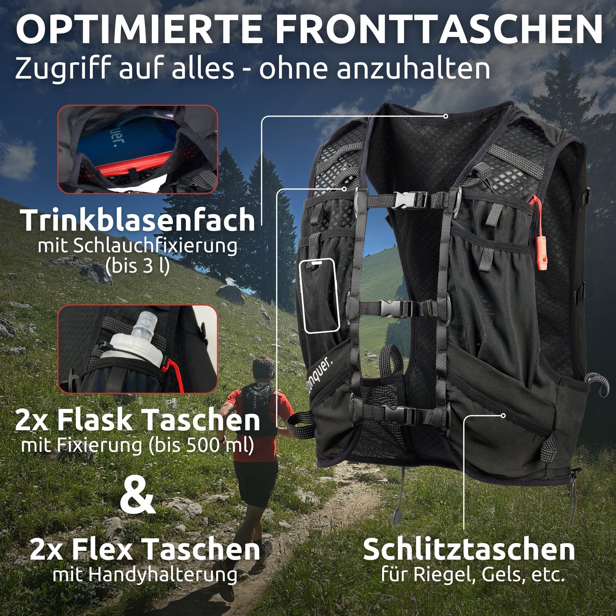 Conquer. Trinkrucksack Laufweste 15L Damen & Herren – Trailrunning Rucksack mit Trinksystem, Eng anliegende Laufweste