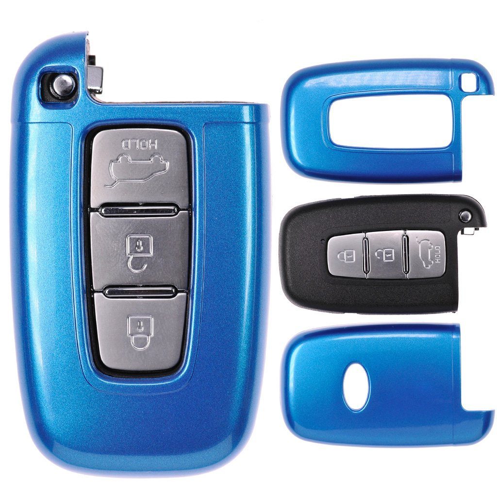 mt-key Schlüsseltasche Autoschlüssel Hardcover Schutzhülle Metallic Blue, für Hyundai i10 i20 ix35 Kia Ceed Soul Sportage KEYLESS SMARTKEY Metallic Blau