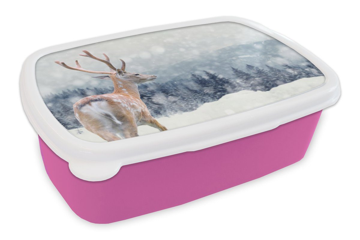 MuchoWow Lunchbox Winter - Hirsche - Tiere, Kunststoff, (2-tlg), Brotbox für Erwachsene, Brotdose Kinder, Snackbox, Mädchen, Kunststoff rosa