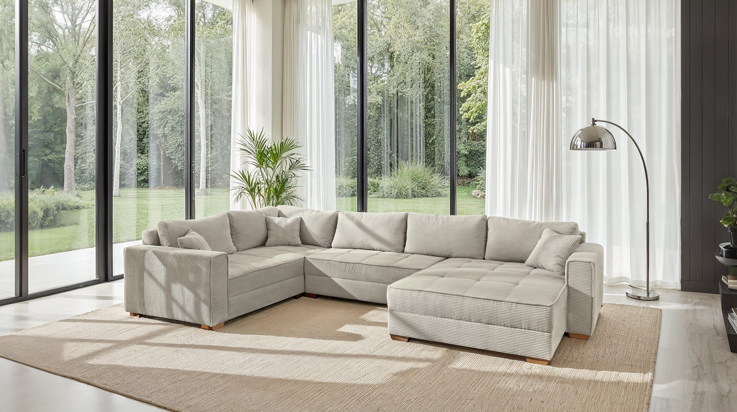 Massivart® Wohnlandschaft Cord Beige 379 cm / Schlaffunktion & Bettkasten / ALBA, Nosagunterfederung · frei im Raum stellbar · inklusive 9 Kissen