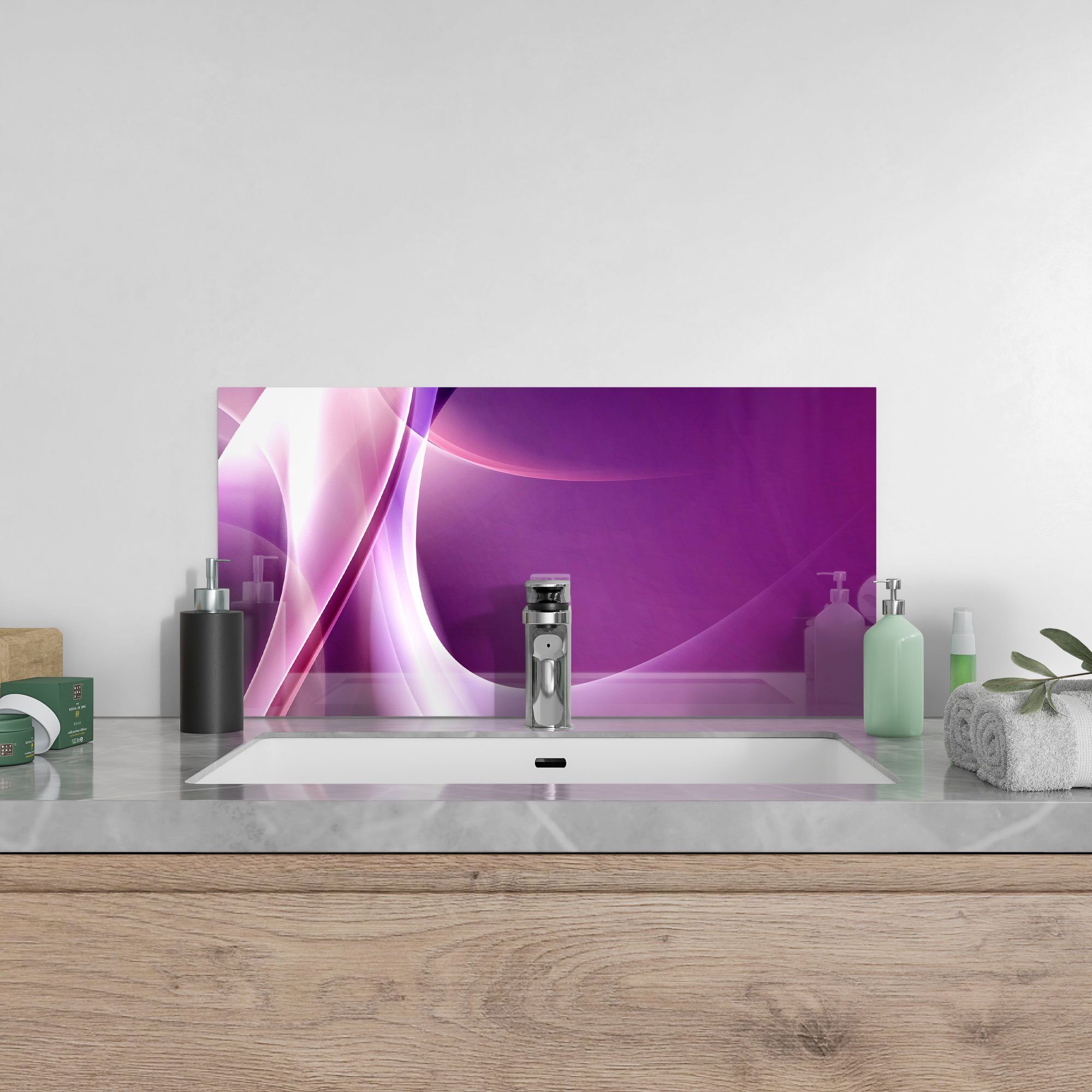 Glas Küchenrückwand Badrückwand 'Violettes Spritzschutz Lichtspiel', DEQORI Herdblende