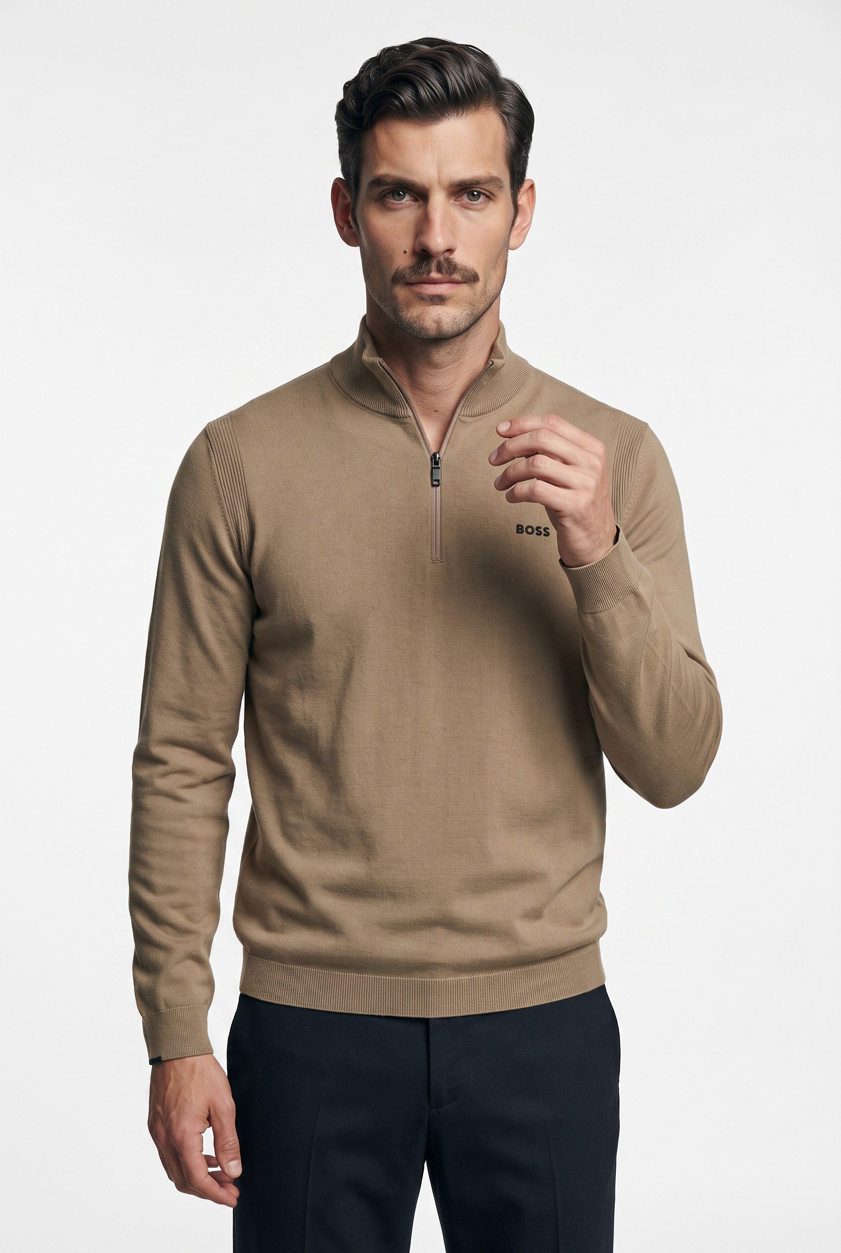 BOSS GREEN Strickpullover Stehkragen mit Reißverschluss, Regular fit, Logo-Print