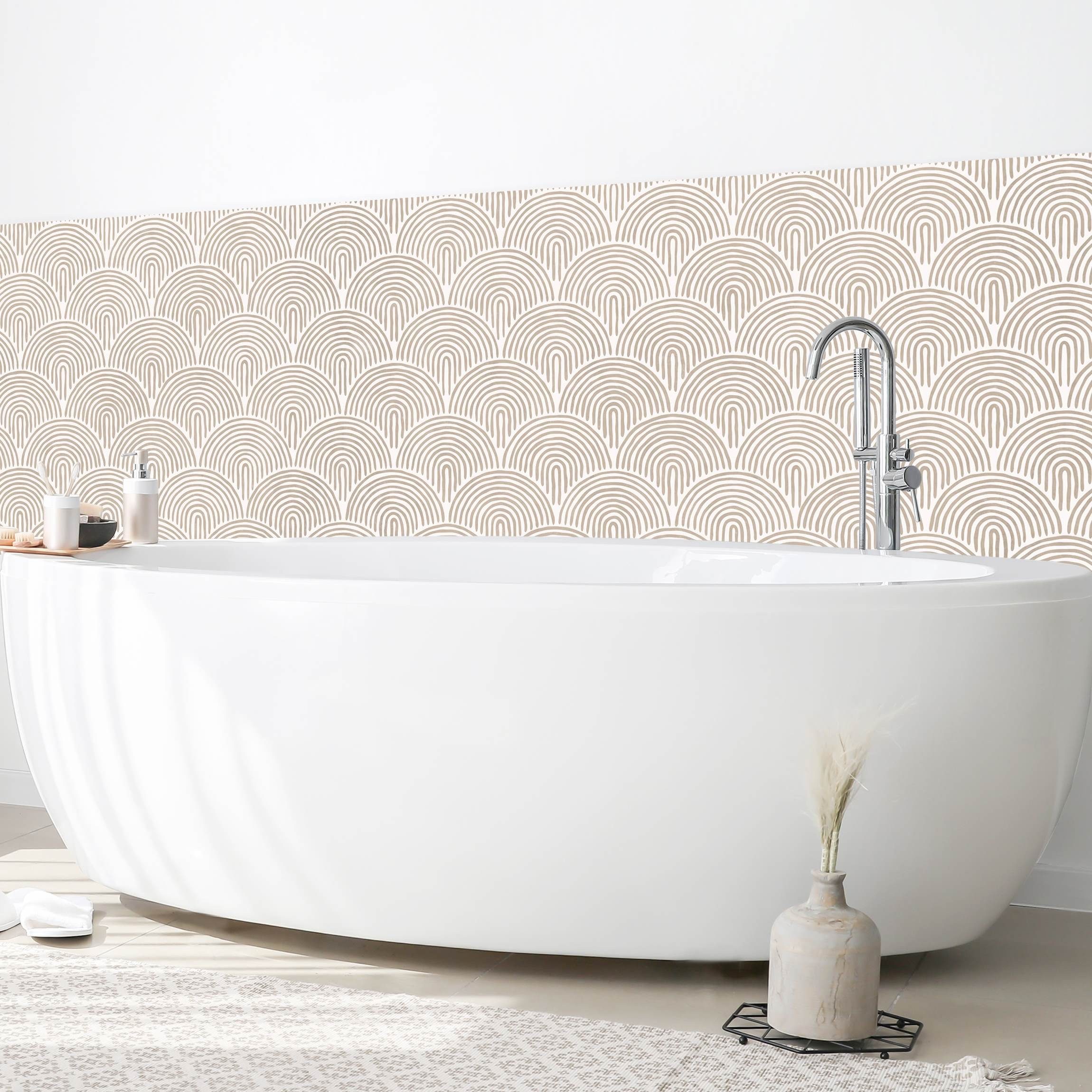 Bilderdepot24 Badrückwand beige fugenlose Wandverkleidung Bad Abstrakt, (Hartfolie matt » Selbstklebend SMART 0,35 mm), wasserfestes Wandpaneel Boho Bogen Muster Beige