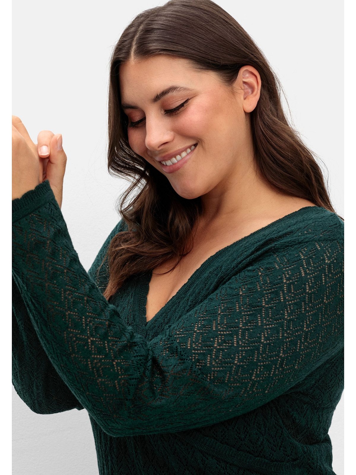 Sheego V-Ausschnitt-Pullover Große Größen aus Ajourstrick, in Wickeloptik