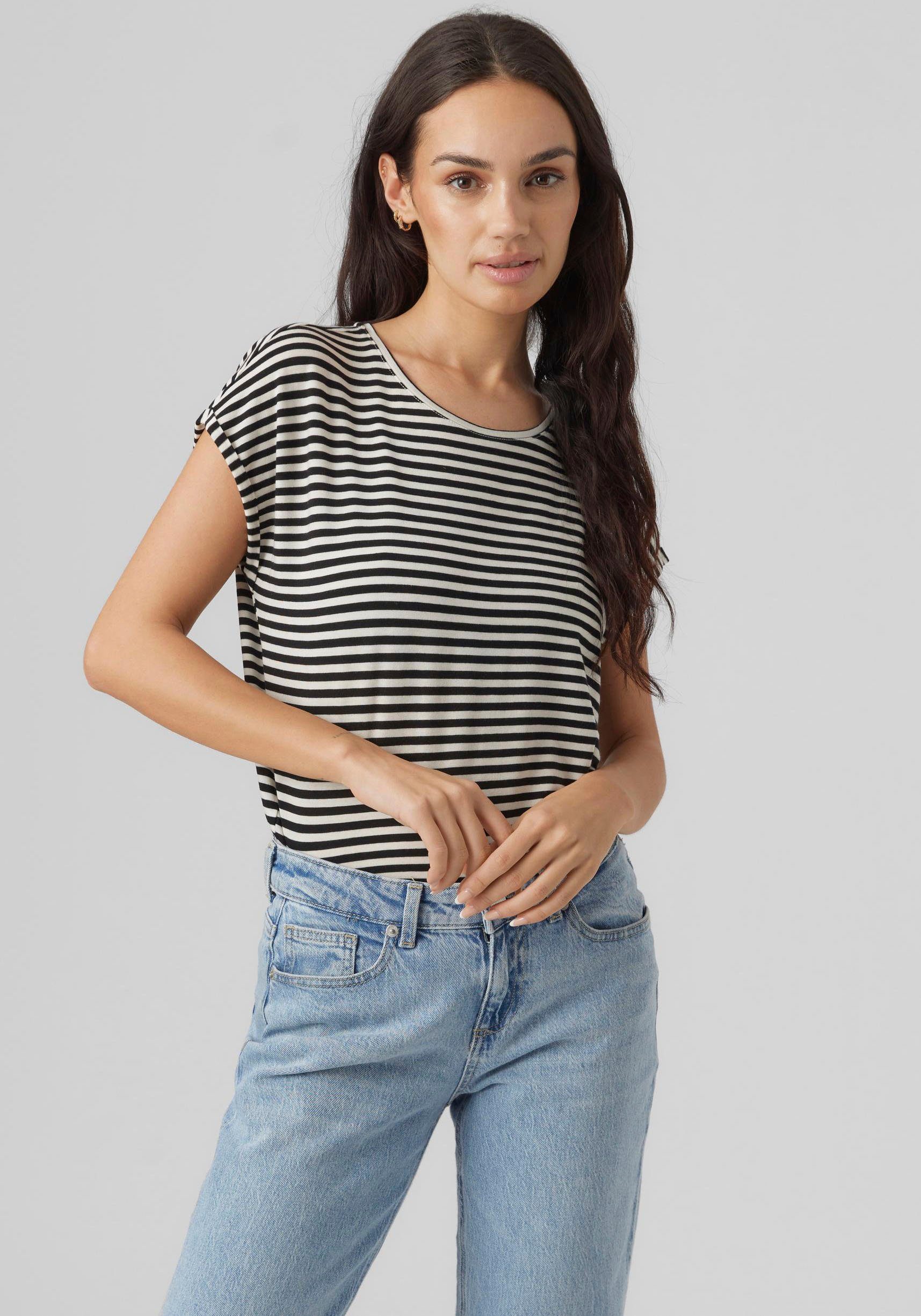 Vero Moda Rundhalsshirt VMAVA STRIPE Stripes PLAIN NOOS TOP GA Black SS JRS