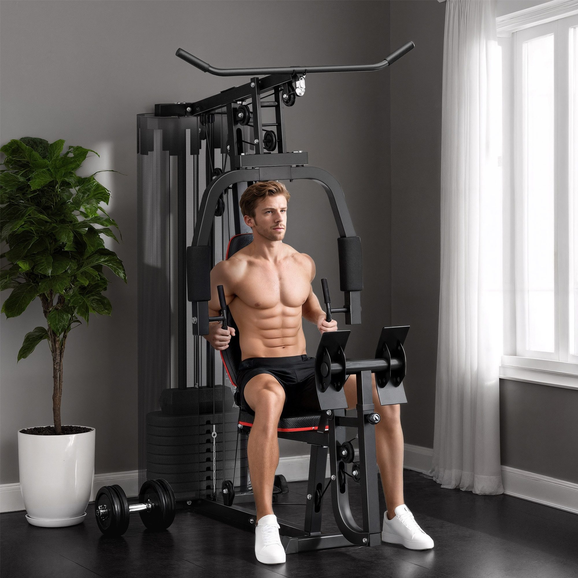 SPORTNOW Kraftstation Fitnessstation mit Latzug- & Butterflystange, Beinpresse, 45 kg, 10 Gewichtsblöcke (Multifunktionale Fitnessstation, 1-tlg., Fitnessgerät), mit 45 kg Gewichtsblöcken für Zuhause, Schwarz