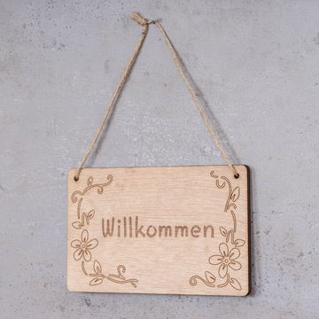Levandeo® Dekohänger, Schild Willkommen 13x8cm Birkenholz Holzschild Blumen Deko Holz