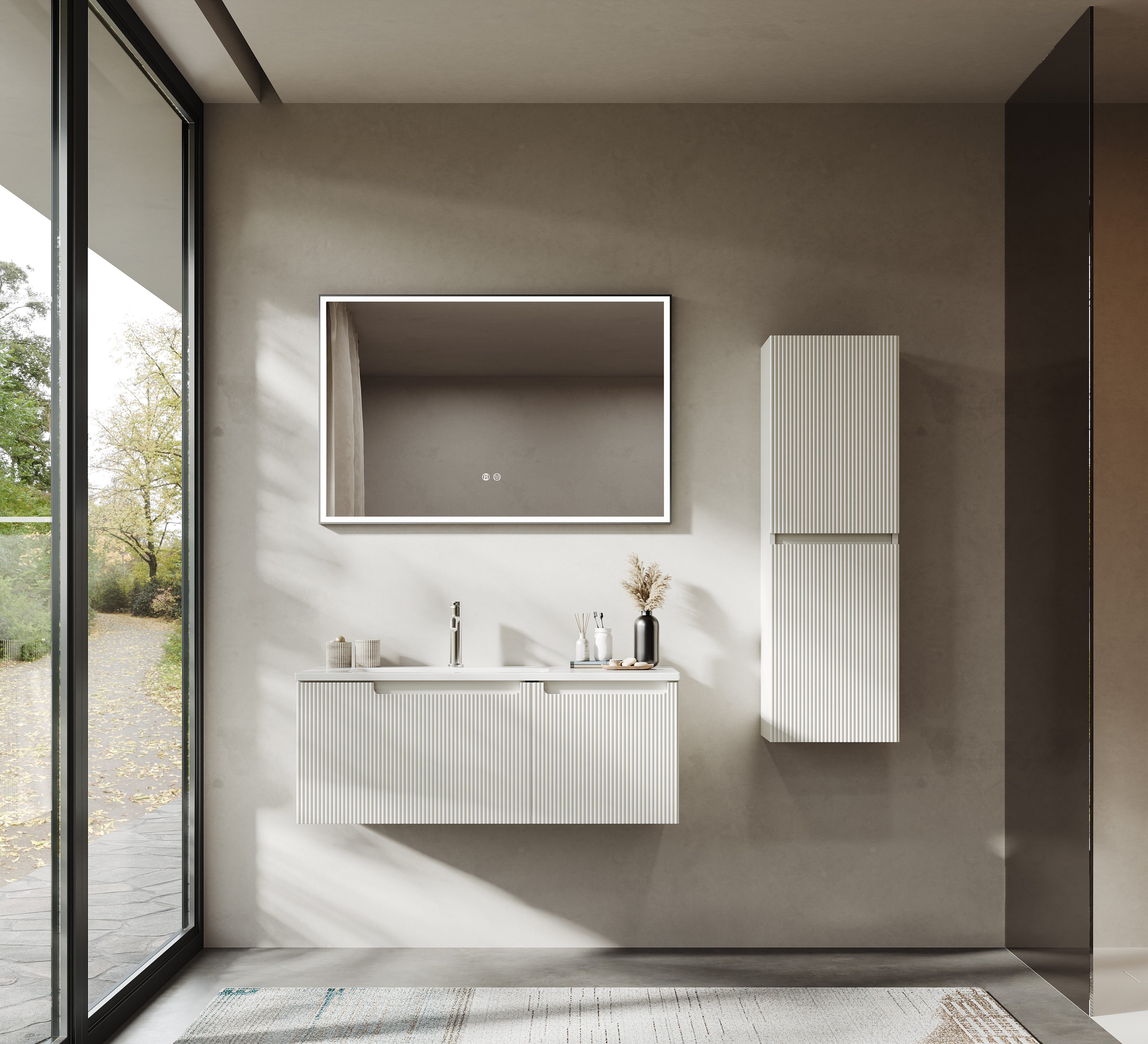 BRIDGE BENO Badmöbel-Set Badezimmer-Hochschrank mit verstellbaren Einlegeböden, Soft-Close & Geriffelter Front, Links/rechts montierbar