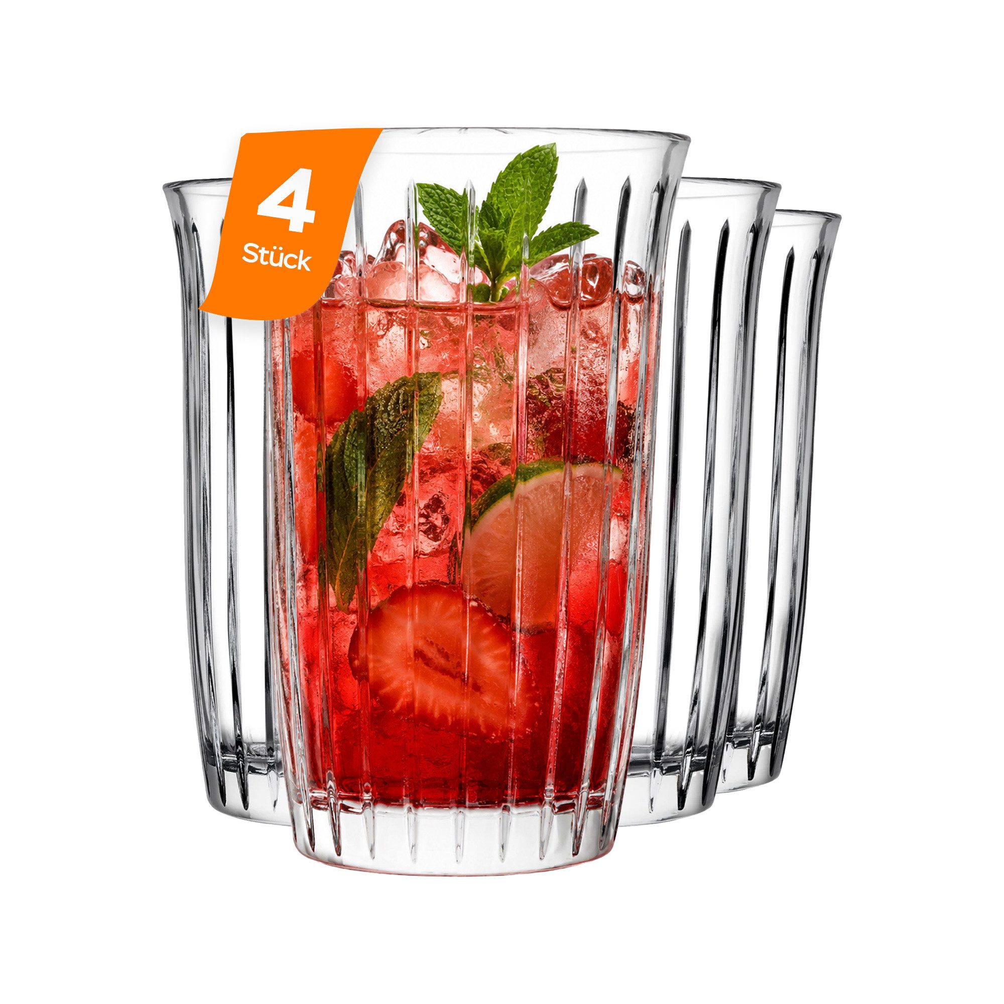 Pasabahce Longdrinkglas Joy Longdrinkglas 365 ml, 4-tlg., Glas, Elegantes Reliefdesign für stilvollen Getränkegenuss