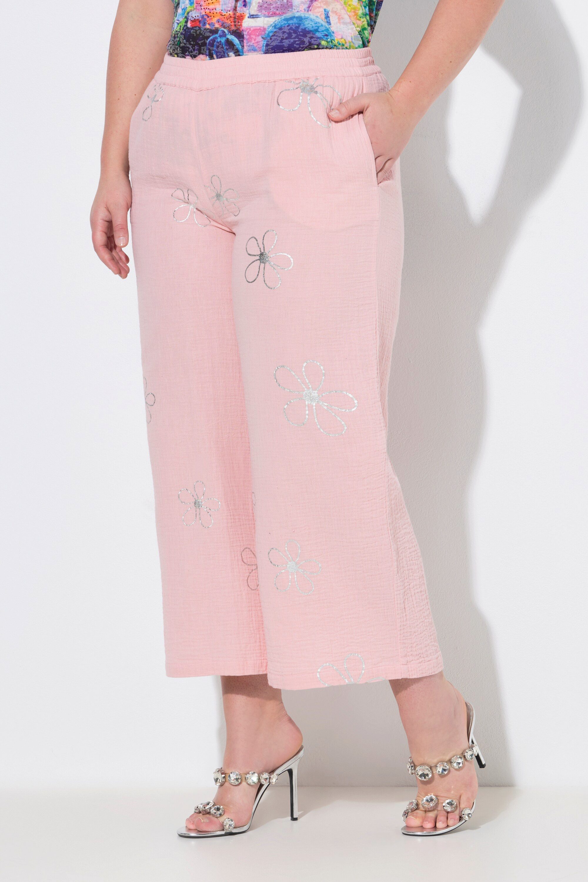MIAMODA Funktionshose Culotte weites gerades Bein Musselin Silber-Blüten
