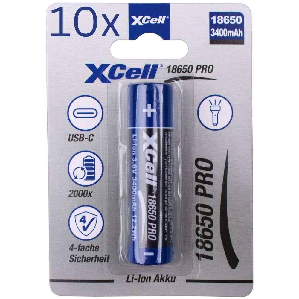 XCell 10x XCell 18650 Pro Li-Ion Akku 3,6V 3400mAh mit USB-C Akku