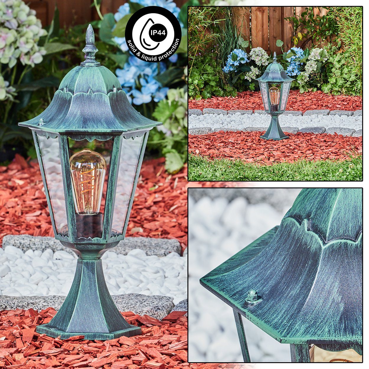 hofstein Pollerleuchte Sockelleuchte aus Metall/Glas in Schwarz-Grün/Klar, ohne Leuchtmittel, Wegeleuchte, Gartenbeleuchtung IP44, 1x E27, ohne Leuchtmittel