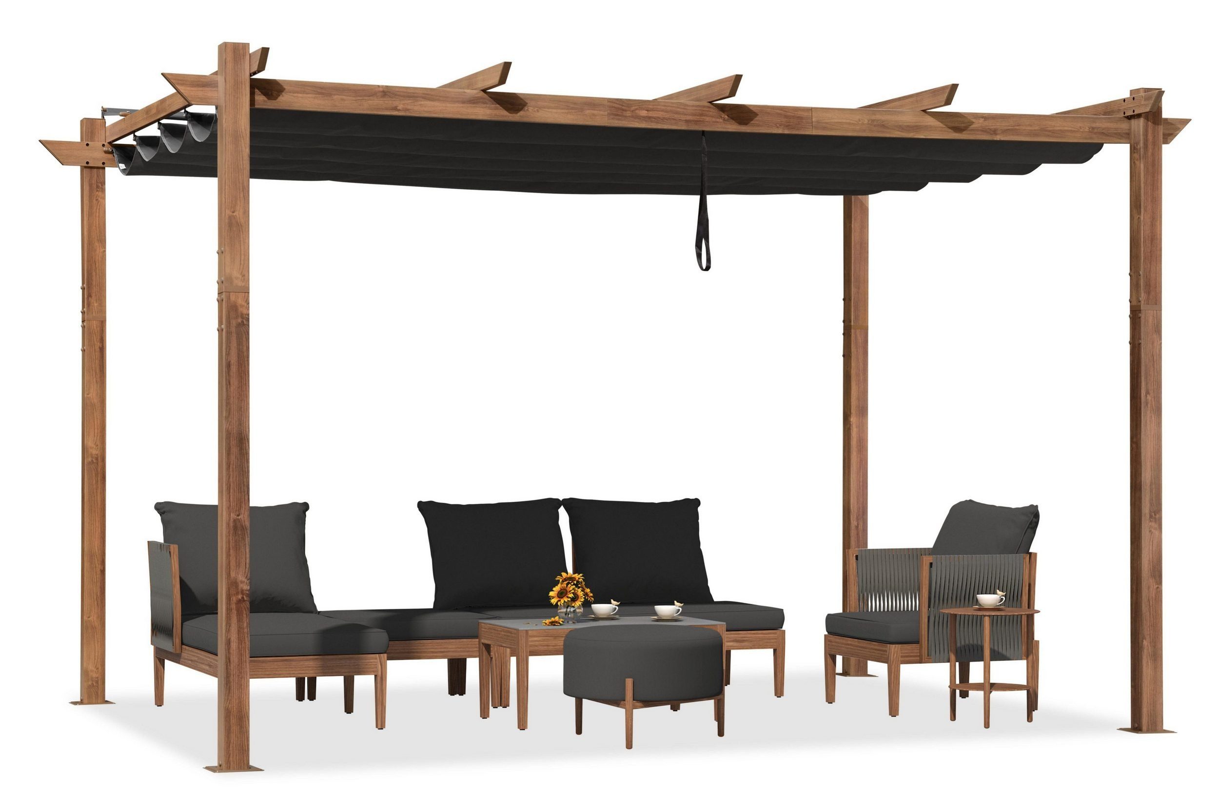 PURPLE LEAF Pergola Holzoptik Pavillon mit einziehbarem Dach, Alu Terrassenüberdachung, Gartenpavillon Stabil & Winterfest, Terrasse, Balkon