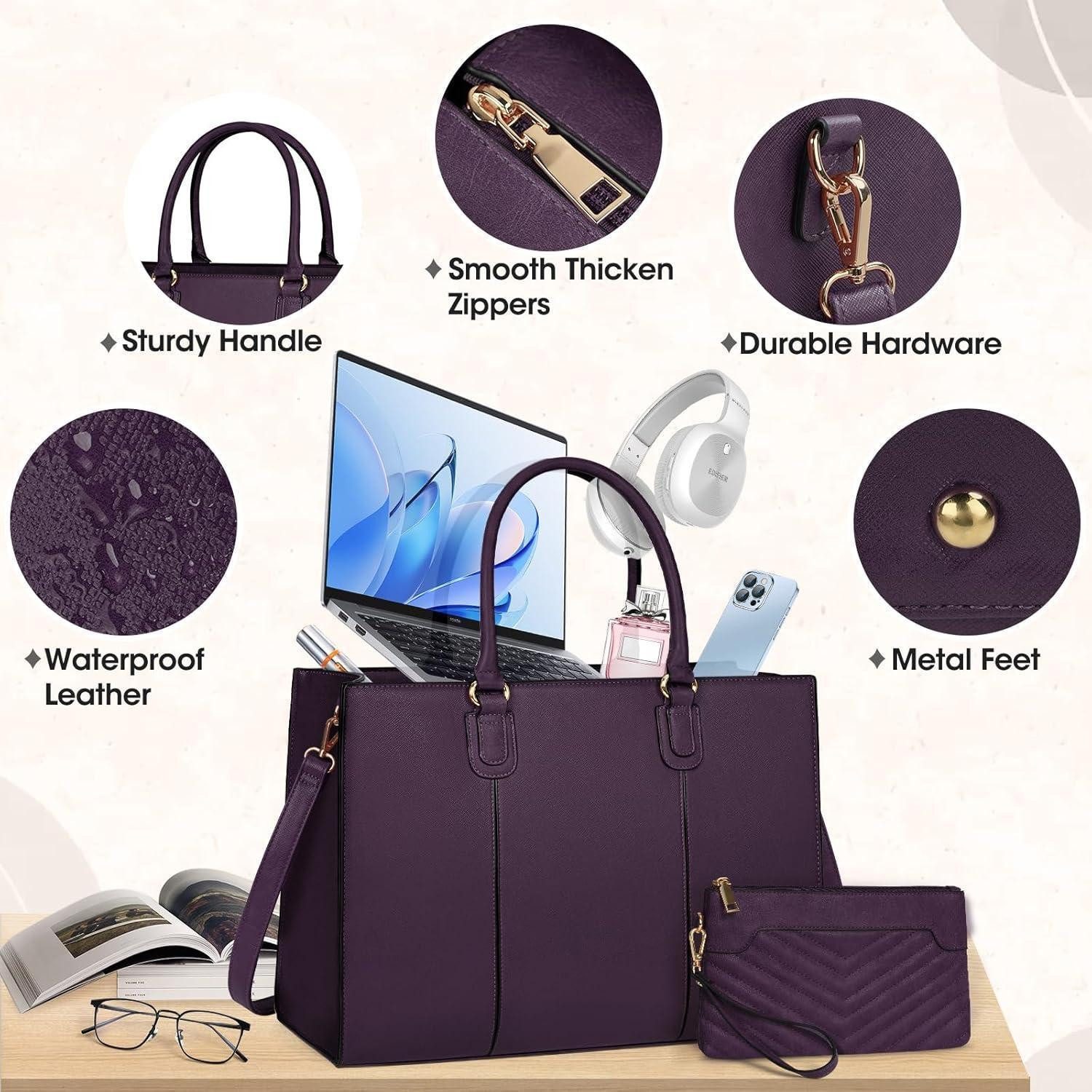 LuxusKollektion Laptoptasche Handtasche Damen 15Zoll Laptoptasche Shopper Leder Dunkelviolett