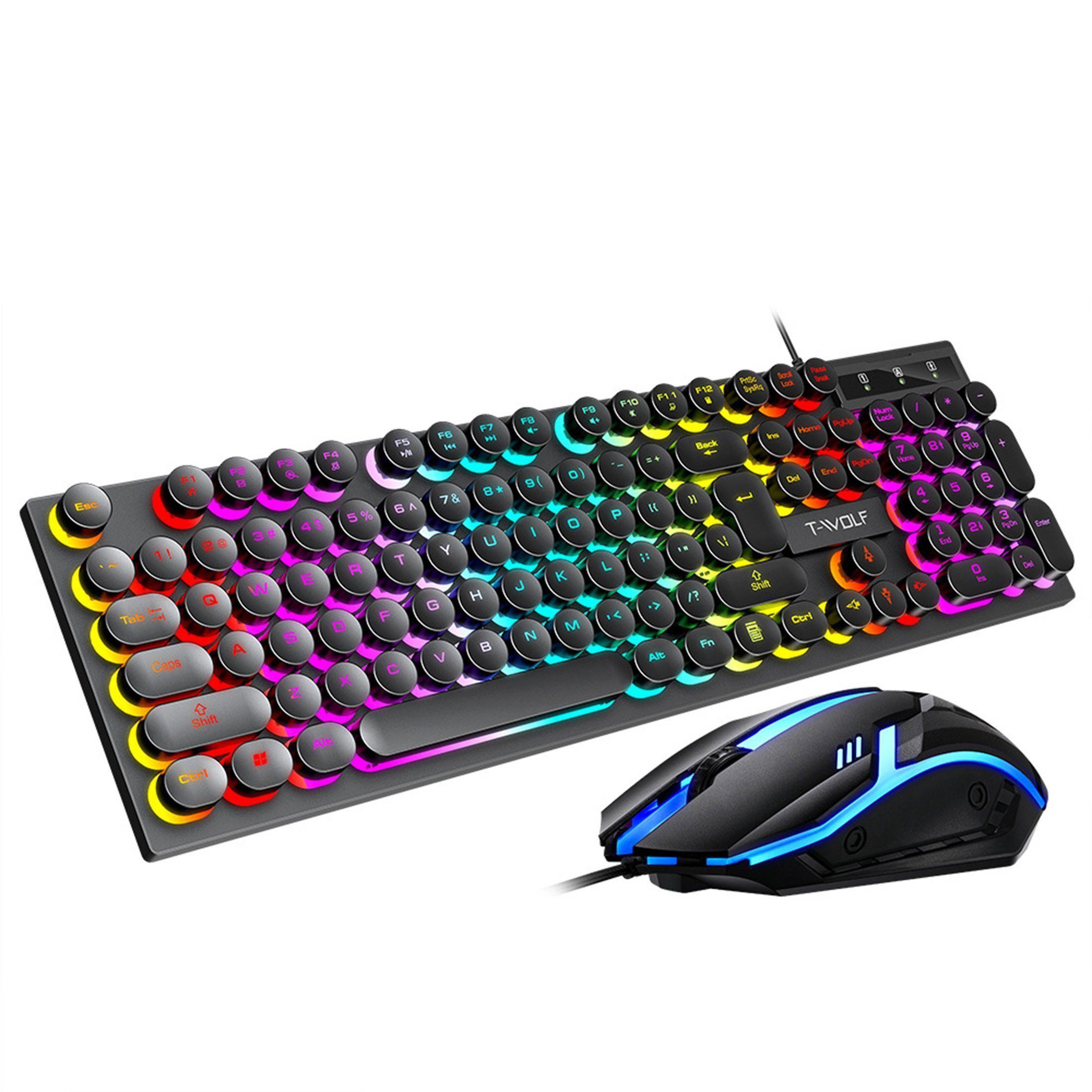 KINSI Gaming Tastatur Maus Set - Leuchtende Retro Punk Tastatur Tastatur- und Maus-Set, mit runden Tasten, USB-Kabelverbindung, Anti-Ghosting
