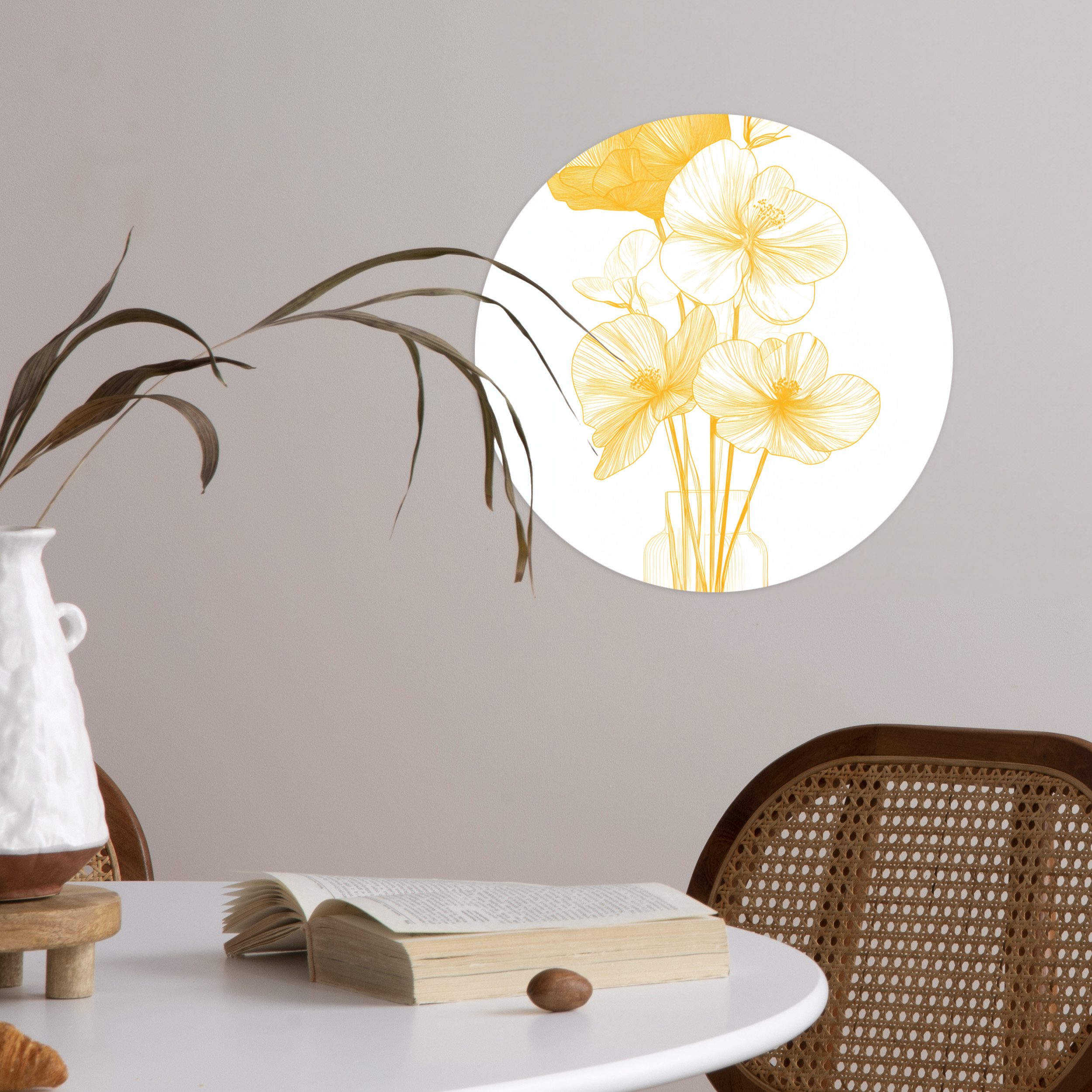 MuchoWow Wandsticker Strichzeichnung - Blumen - Gelb - Vase (1 St), Wandtattoo Selbstklebend, Wohnzimmer Deko Aufkleber, 30x30 cm