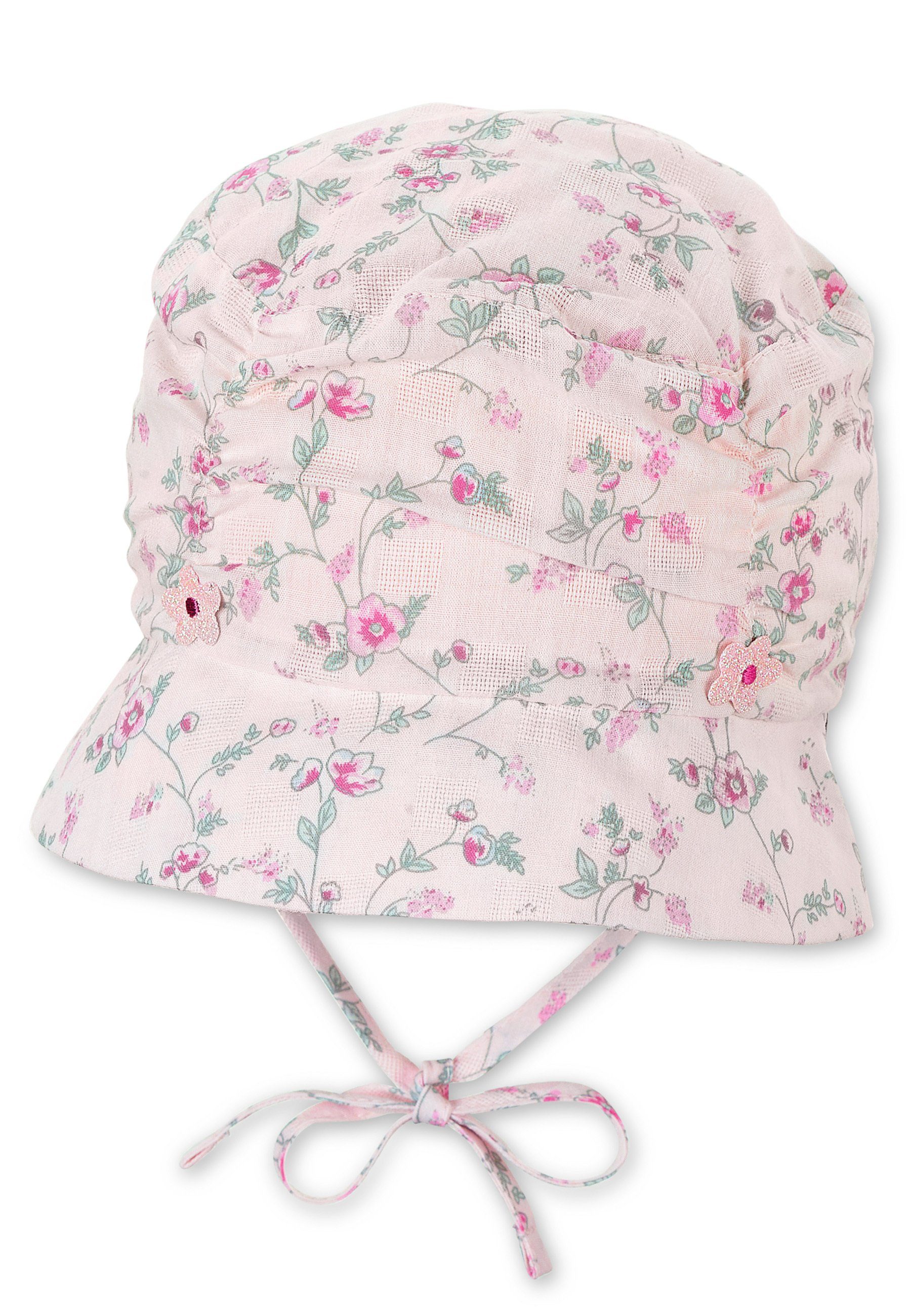 UV-Schutz den Sterntaler® Schirmmütze Sommer) rosafarben Hut Sonnenhut bedruckt Baby Kinder Blumen mit und (1-St., ideal Bindeband mit für Sommerhut Ohrenklappen
