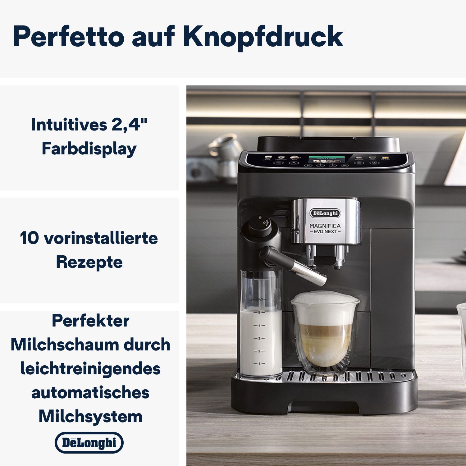 De'Longhi Kaffeevollautomat Magnifica Evo Next ECAM310.60.GB, Barista-Genuss per Touch, grau, MyLatteFunktion, 3 Benutzerprofile, LatteCrema Milchsystem, 10 Rez – Bild 2 von 5