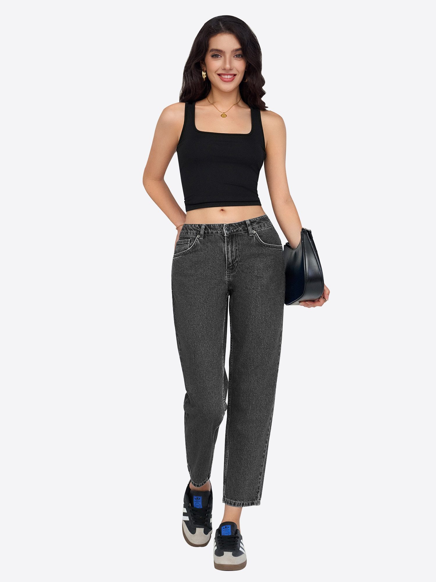 Imily Bela Mom-Jeans Damen mittelhohe Mom-Jeans in 7/8-Länge (Packung, 1-tlg., 1per-Pack) 5-Pocket-Style