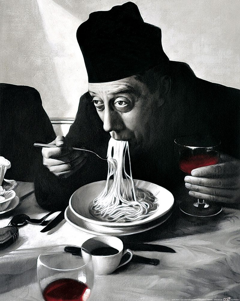 1art1 Poster Kochkunst Kunstdruck Bild - Spaghetti, Rotwein, Don Camillo