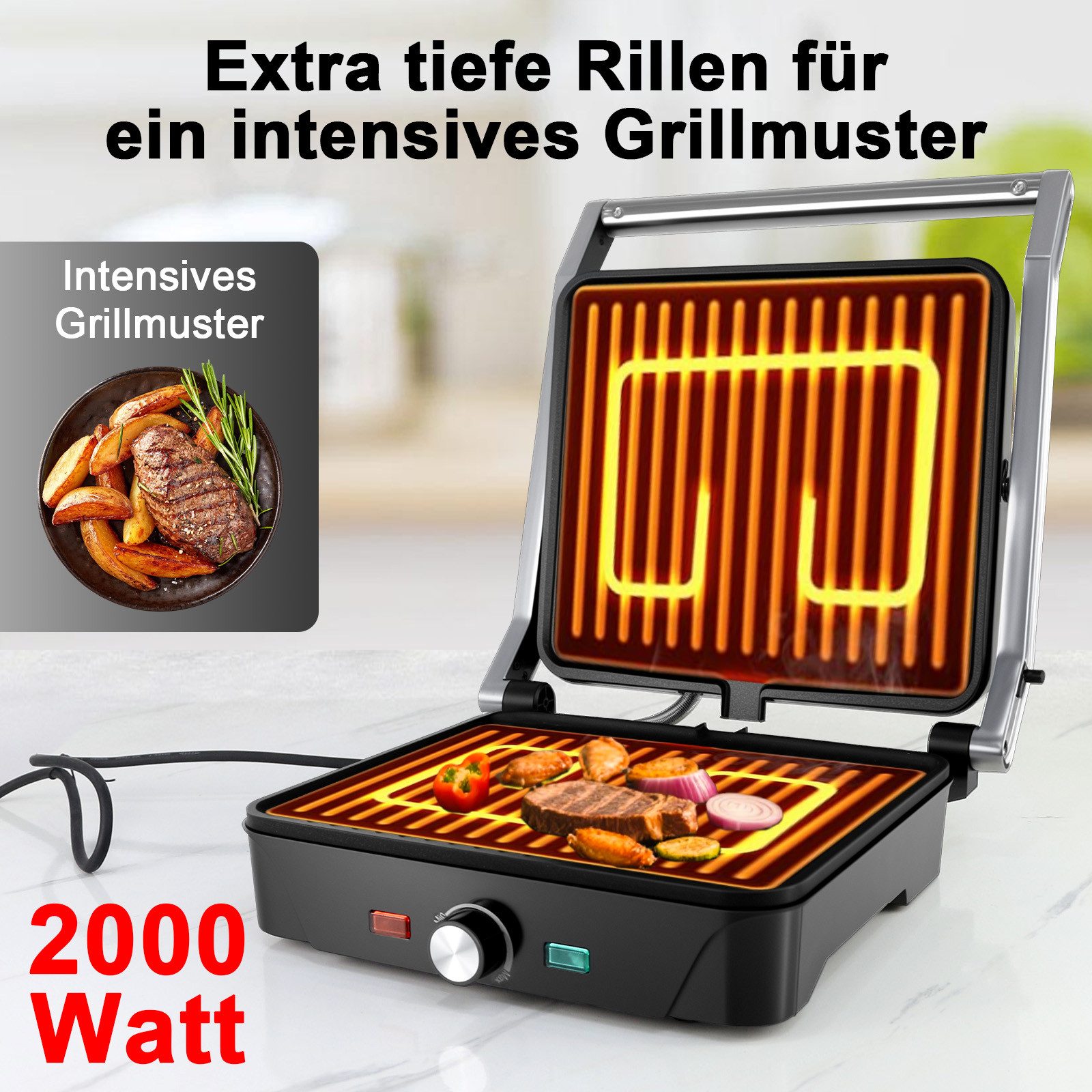 OZAVO Kontaktgrill Elektrischer Tischgrill, Paninimaker, Antihaftbeschichtetete Platten, 2000 W, sandwichtoaster, 180° Öffnung, Fettarmes Grillen