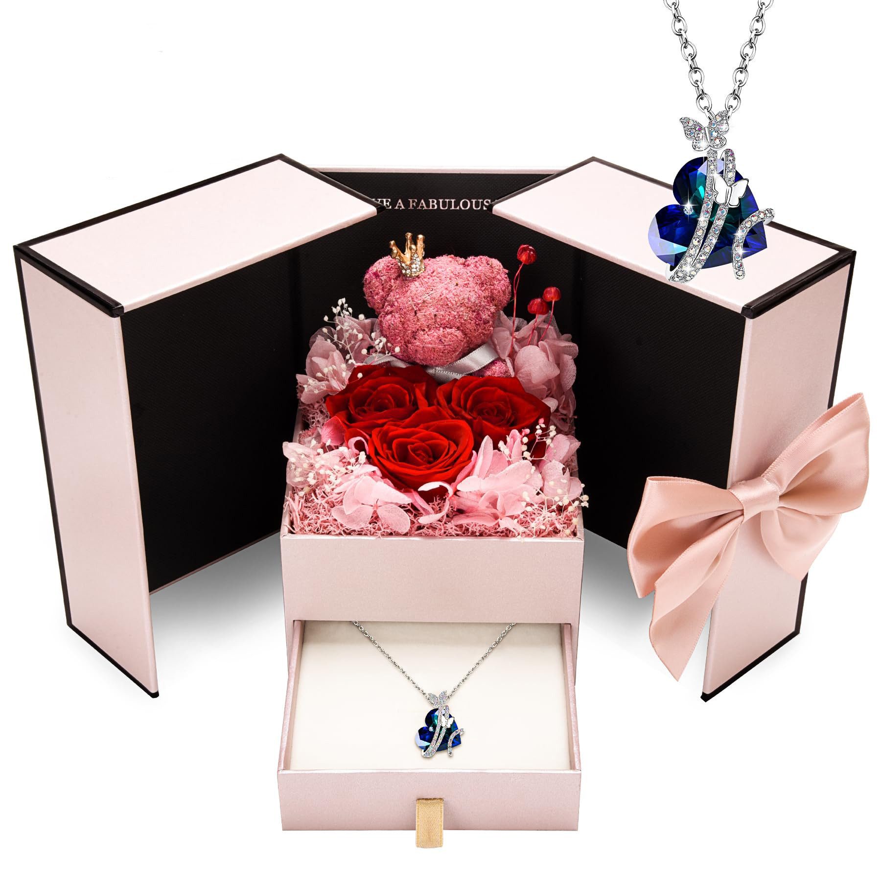 Bextsrack Schmuckset Ewige Rose mit Herz-Halskette – Konservierte Rose in Geschenkbox (1-tlg), Schmuckgeschenk für Sie – ideal zu Weihnachten & Valentinstag