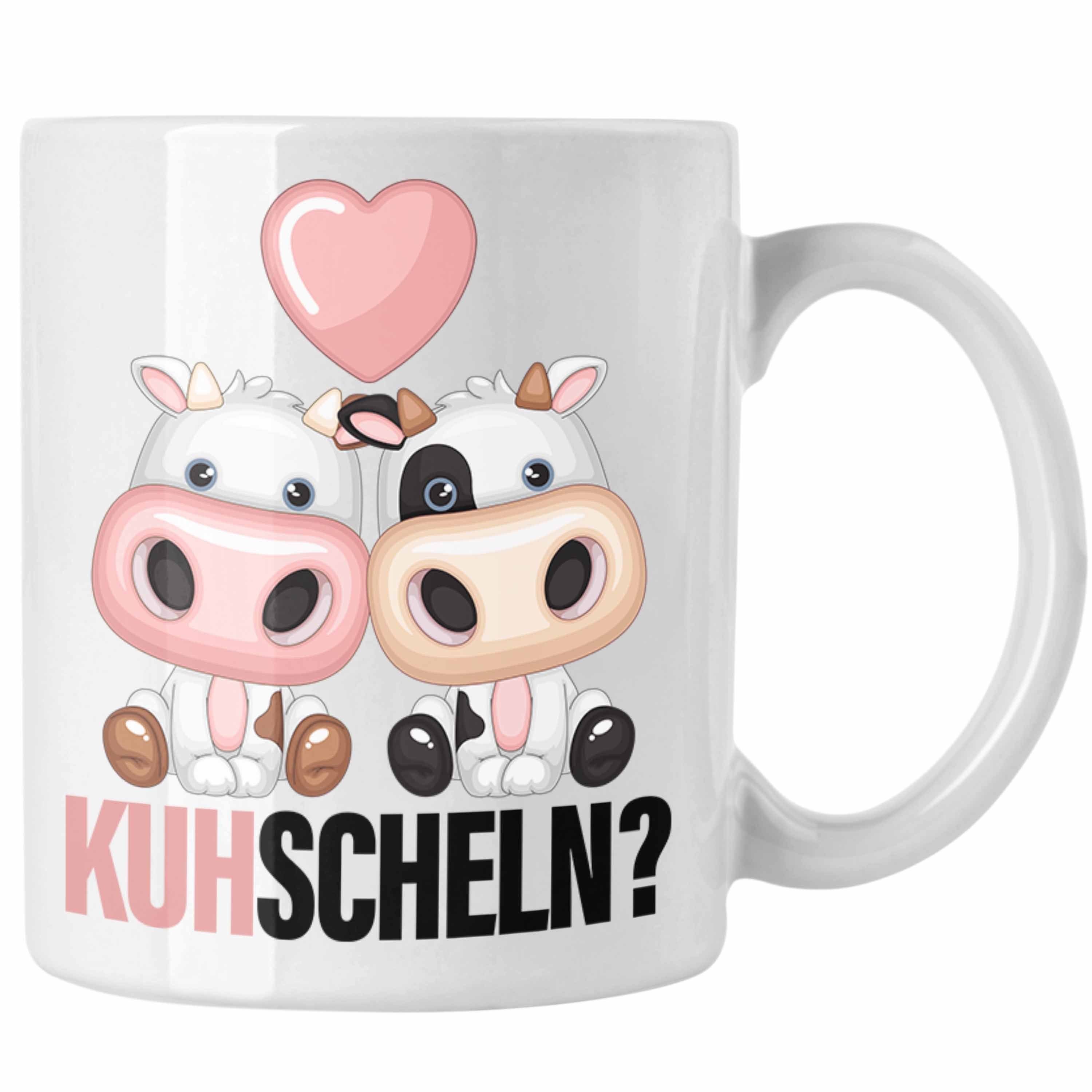 Trendation Tasse Kuhscheln Tasse Geschenk Kuh Tierliebhaber Geschenkidee Freundin Kusch Weiss