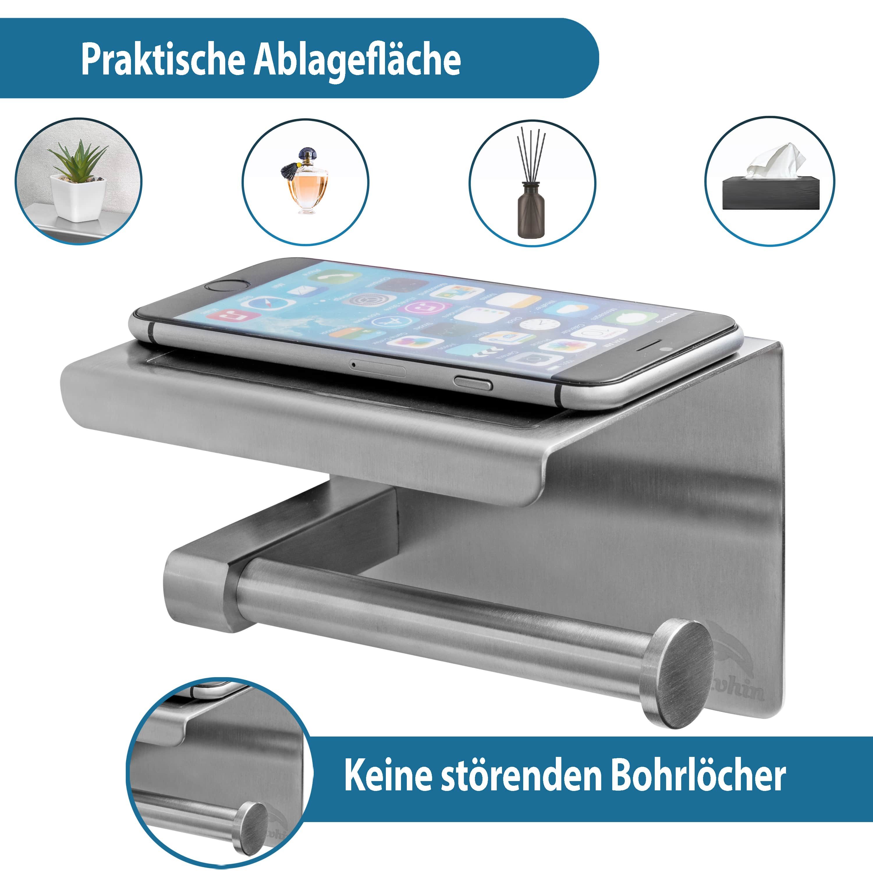 Dolvhin Toilettenpapierhalter ohne Bohren, Edelstahl Klopapierhalter mit Ablage, WC Klorollenhalter, zum Kleben inkl. extra starkem 3M Klebestreifen – Bild 4 von 5