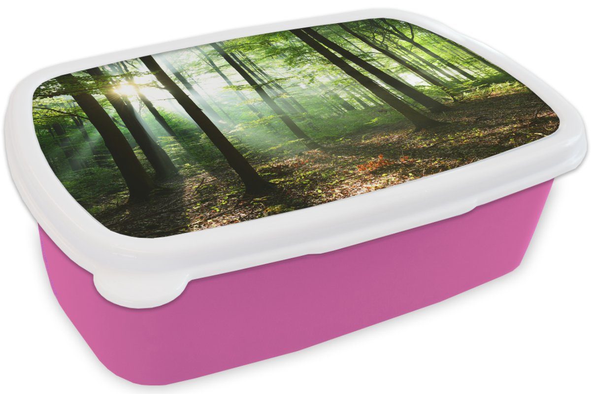 Snackbox, Mädchen, (2-tlg), Brotbox rosa Wald Brotdose MuchoWow - Lunchbox Kinder, Kunststoff für Kunststoff, Erwachsene, Laub, Sonne -