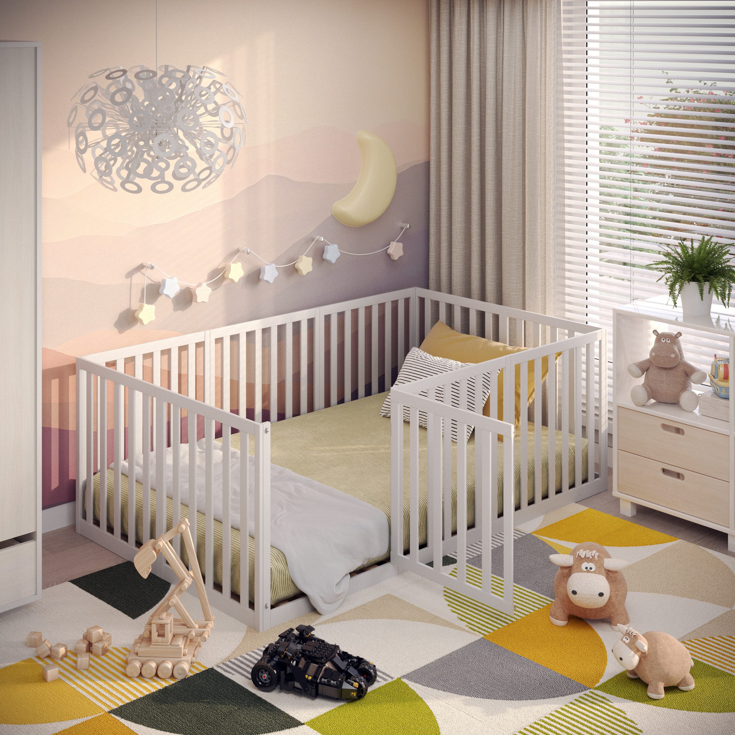 CADANI Kinderbett Bodenbett Laufgitter Teso (flexibler Rausfallschutz, als Laufgitter verwendbar), Montessori