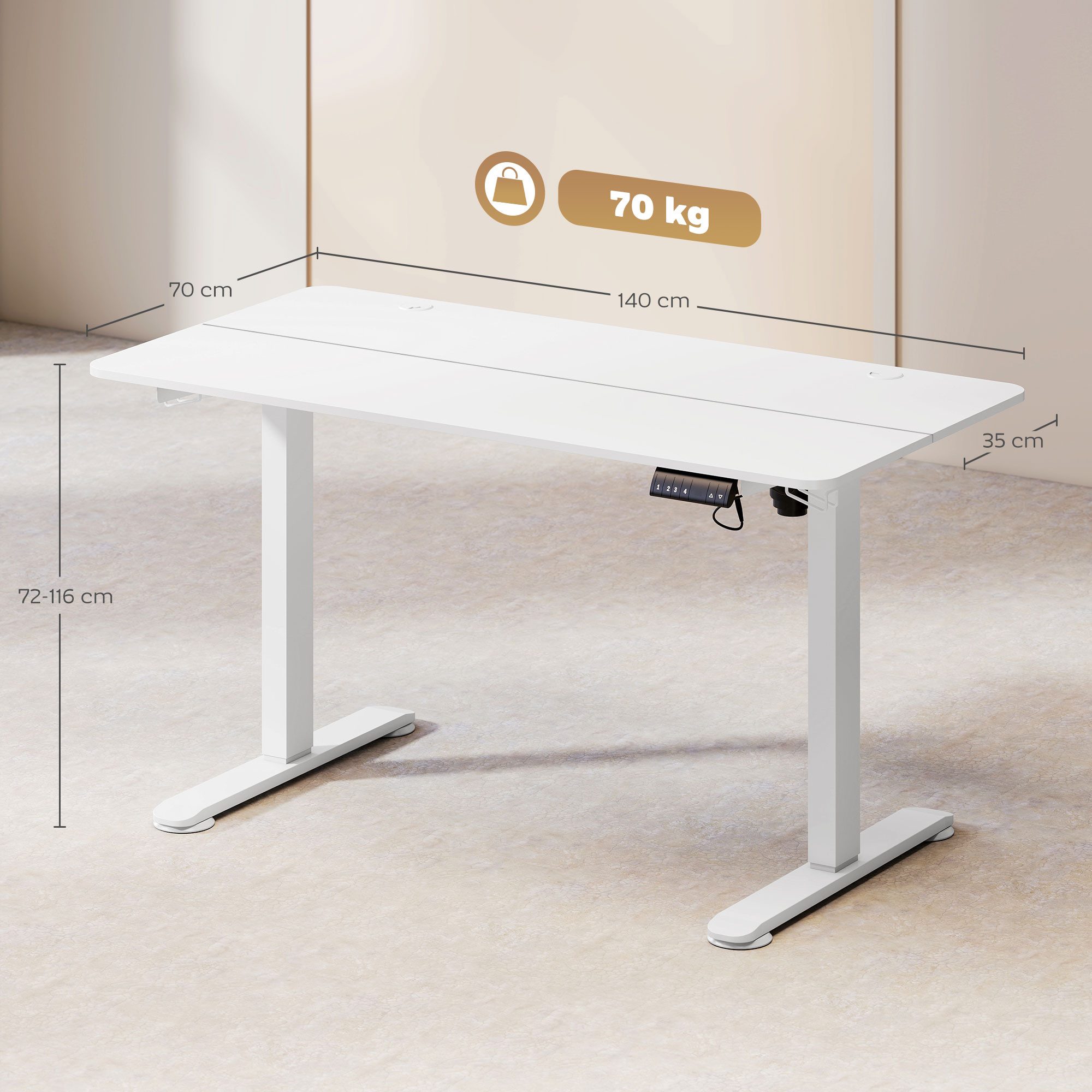Vinsetto Schreibtisch 140 x 70 cm Höhenverstellbar, Ergonomisch, Anti-Kollision (Laptoptisch, 1-St., Computertisch), für Wohnzimmer, Arbeitszimmer, Weiß – Bild 3 von 5
