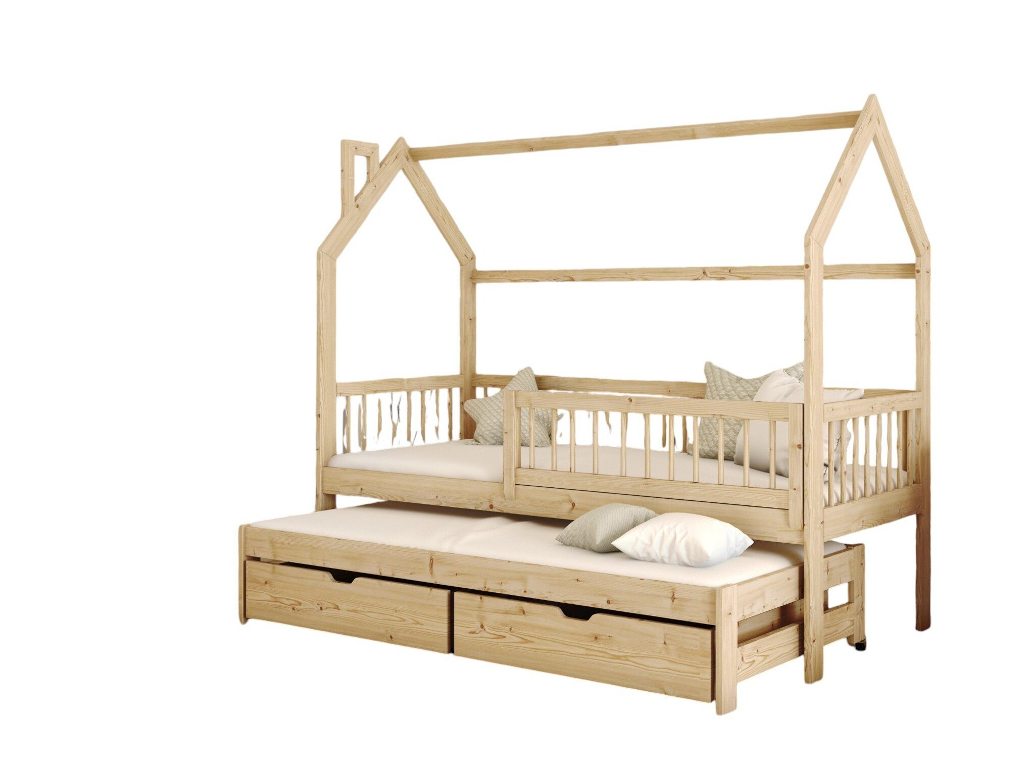 Fun Möbel Hausbett Kinderbett PERLE (200x90cm, inkl. Rausfallschutz), Inkl. Zusatzbett, 2 x Rollrost und 2 x Schubkasten