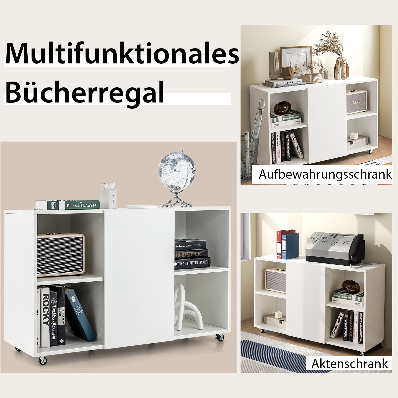 auf 110x140x69cm mit Fächern&Tür Rollen, Aktenschrank COSTWAY Rollcontainer Weiß 6