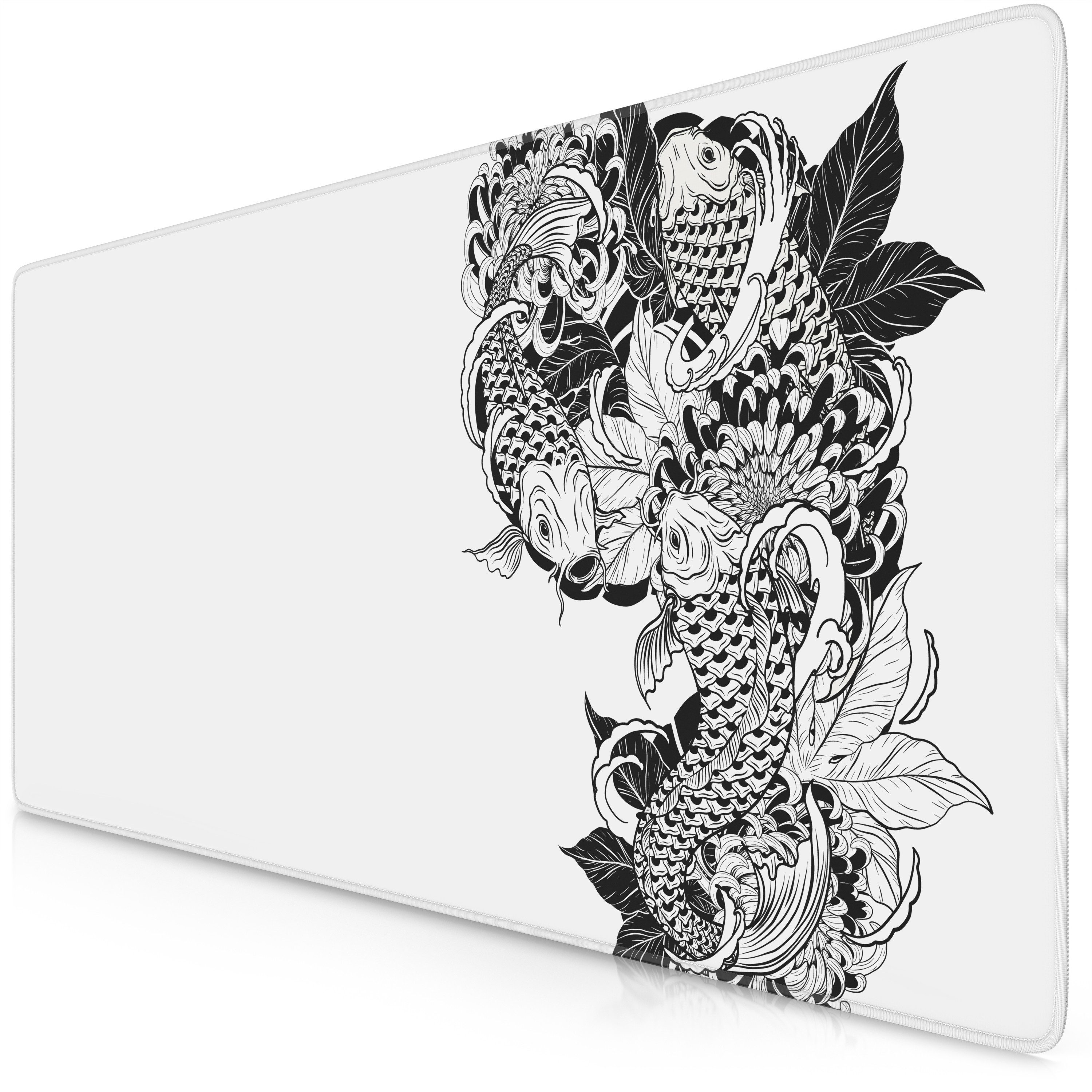 Titanwolf Gaming Mauspad XXL Speed Mousepad 900 x 400 x 3 mm, Schreibtischauflage, abwaschbar, rutschfeste Rückseite, Geschwindigkeit & Präzision, Koi Tattoo 3 White