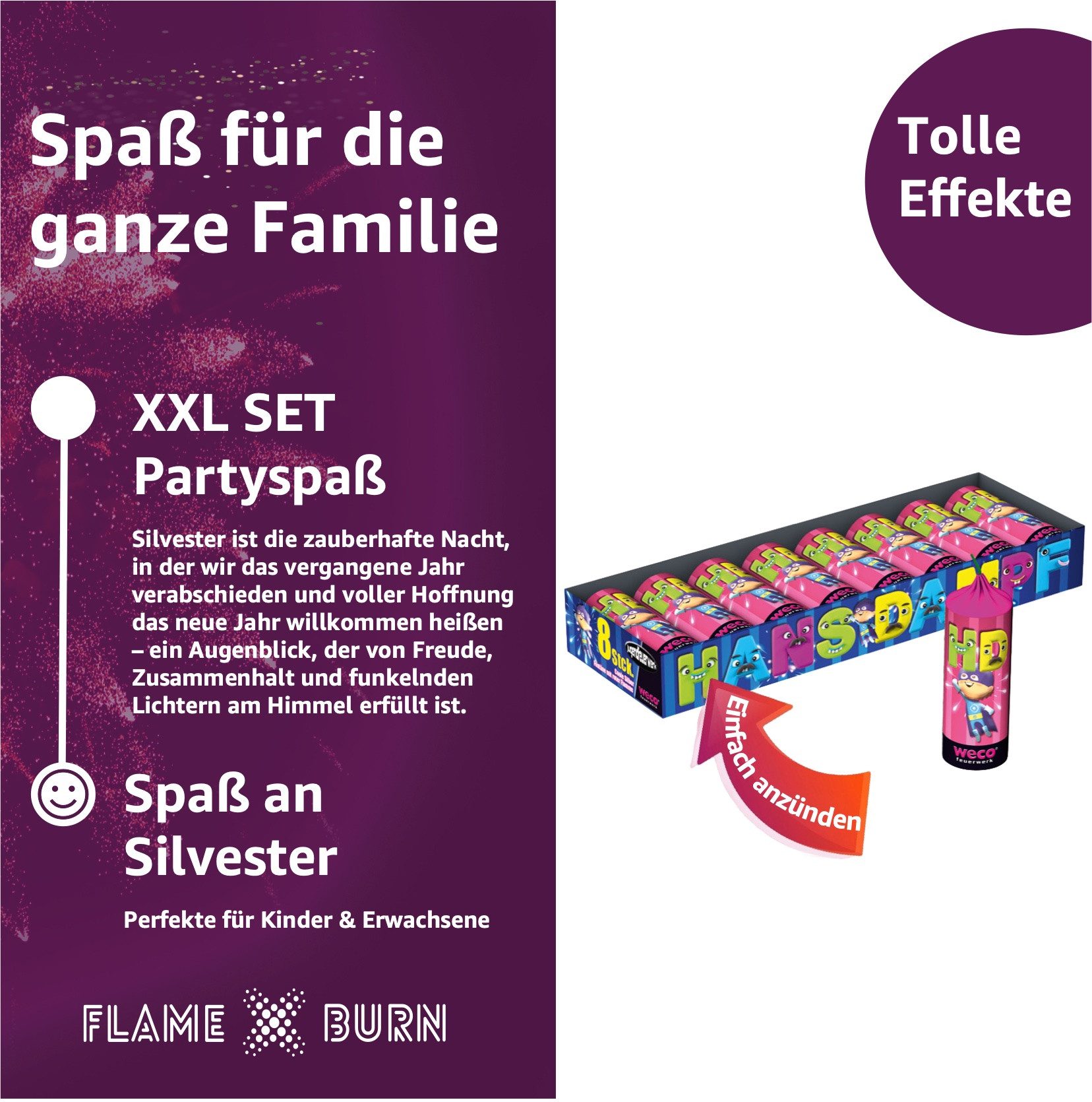 FlameXBurn Geburtstagskerze Hans Dampf XXL – 8teiliges Set für Silvester, J günstig online kaufen