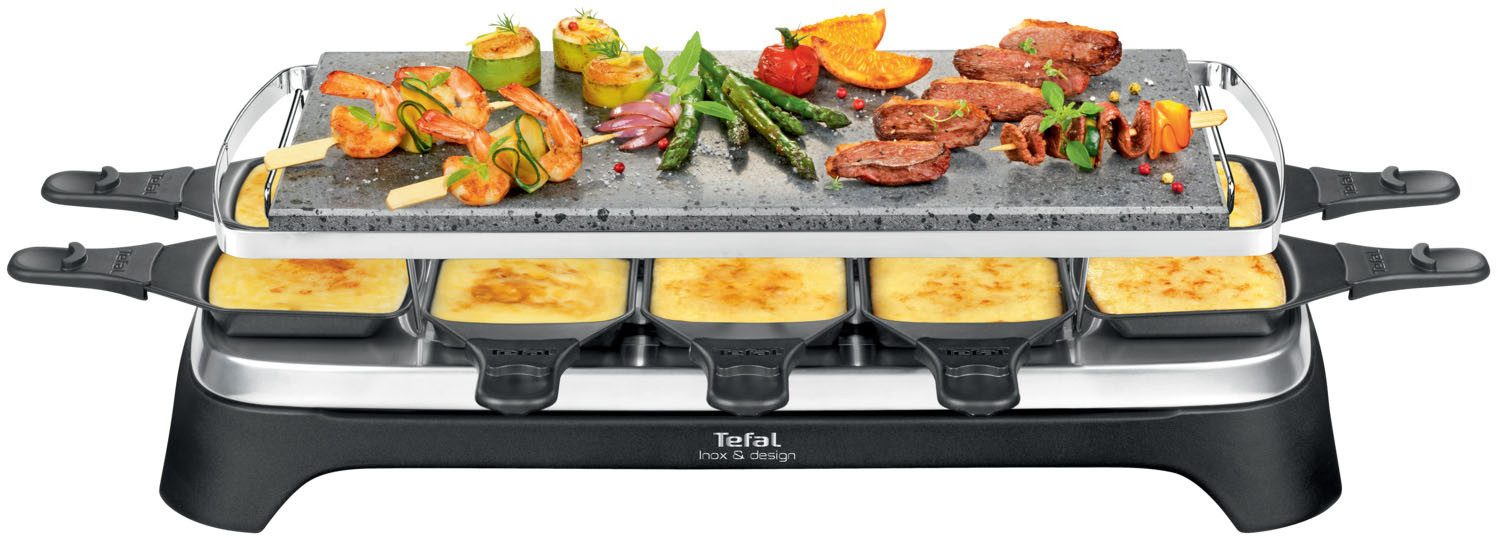 Tefal Раклетници Pierrade, Naturstein, spülmaschinengeeignete Pfännchen, 10 Раклетнициpfännchen, 1350 W, Abnehmbares Kabel, inkl. Schaber, PR457B