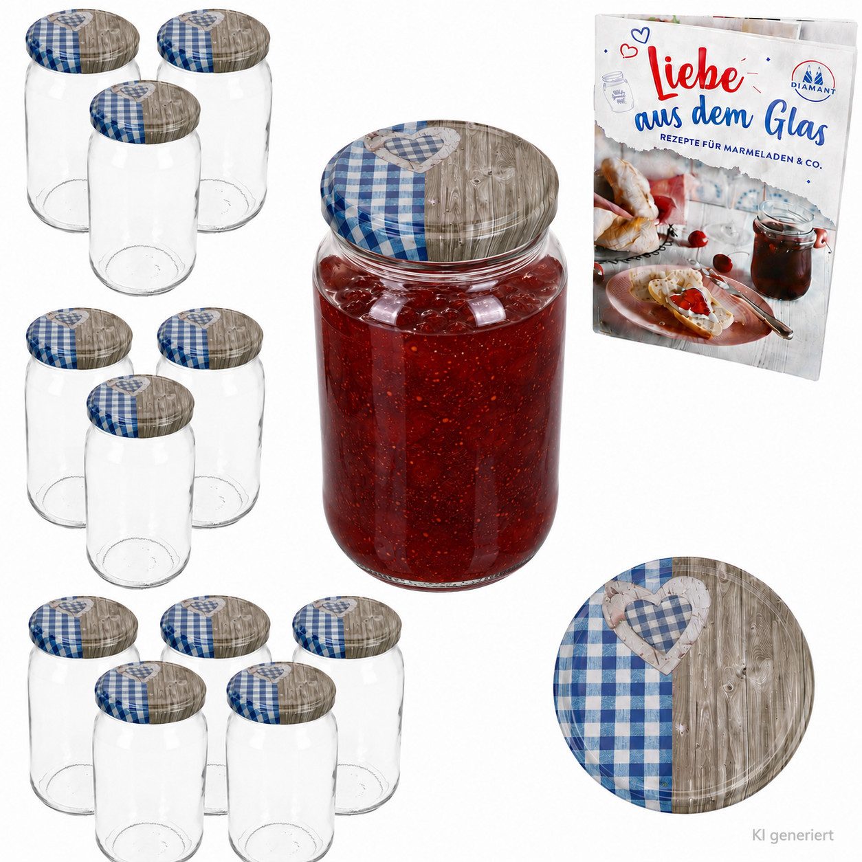 MamboCat Einmachglas 12er Set Sturzglas 720ml Einmachglas Holz Herz Blau Deckel Rezeptheft, Metall