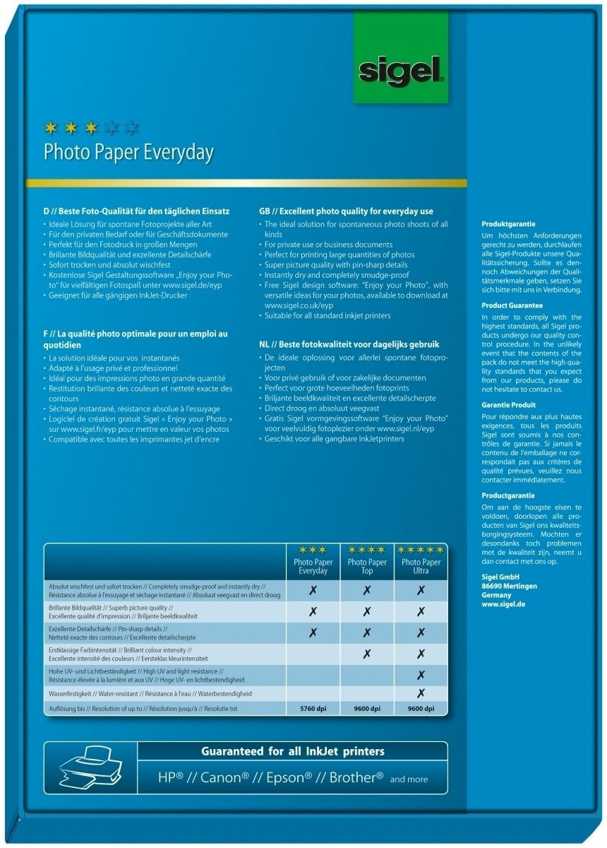 Sigel Fotopapier Fotopapier Everyday plus A4 170g/qm VE=100 Blatt glossy