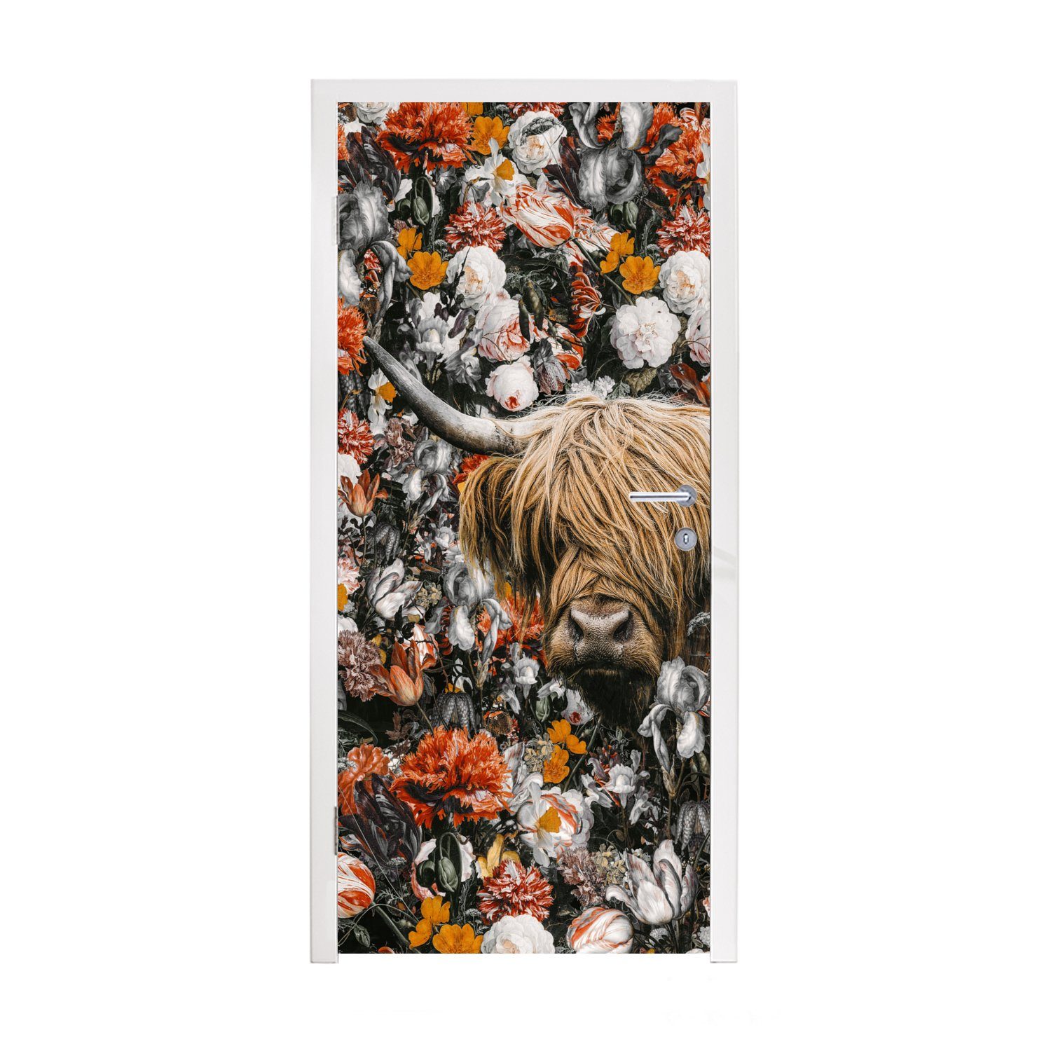 MuchoWow Türtapete Schottischer Highlander - Blumen - Orange, Matt, bedruckt, (1 St), Fototapete für Tür, Türaufkleber, 75x205 cm
