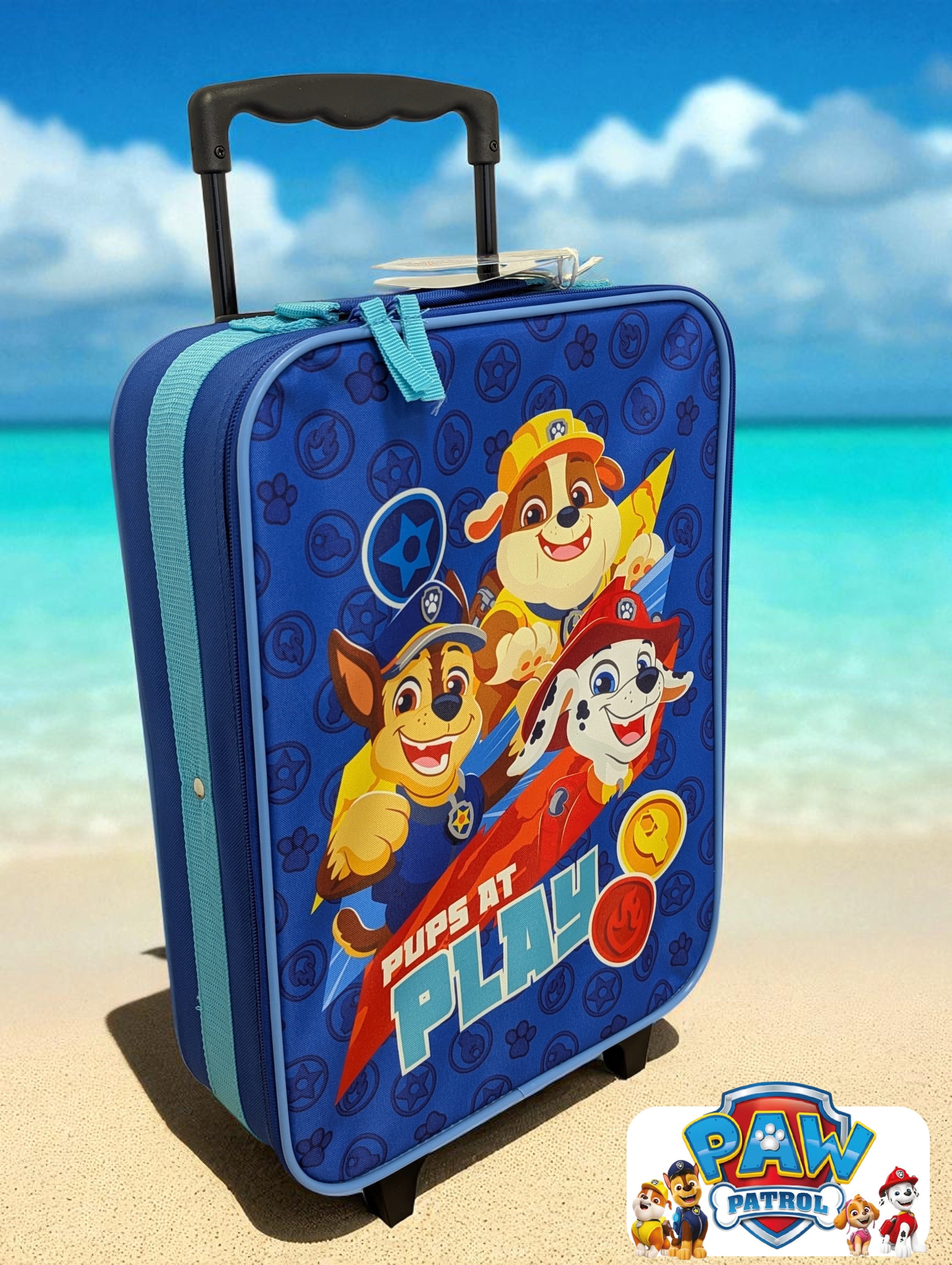 PAW PATROL Kinderkoffer Trolley Kindertrolley Pawpatrol Blau 12 L Innenmaße: 40x30x10cm, 2 Rollen, Rundumöffnung, Spanngurt, Teleskopgriff, Leicht