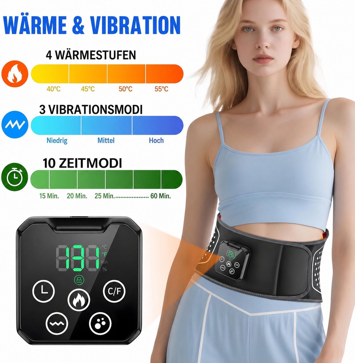 Toomoke Massagegerät Rückenmassagegürtel mit Wärmefunktion, kabelloser Massagegürtel mit 4-Zonen-Doppelluftkissen, 3 Luftdruckmodi, 3 Vibrationsmodi, 4 Heizstufen 40-55 Grad Celsius, 4000mAh Akku