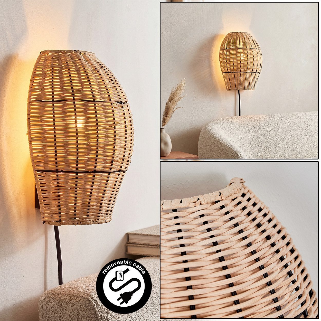 hofstein Wandleuchte Wandlampe aus Metall/Rattan in Schwarz/Naturfarben, ohne Leuchtmittel, Leuchte im Boho-Design mit Gitterschirm und Lichteffekt, E27
